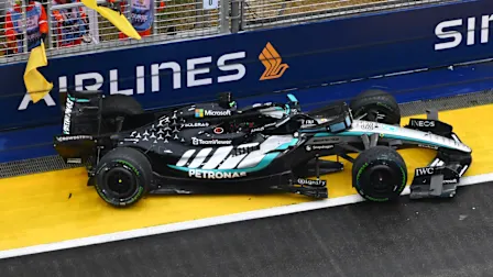 SINGAPORE, SINGAPORE - OCTOBER 10: The damaged car of George Russell of Great Britain and Mercedes