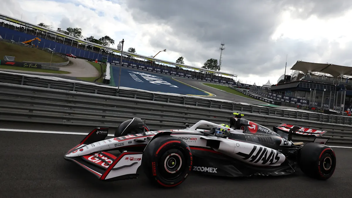 Oliver Bearman drives the Haas VF-25 alone on track at Interlagos during 2025 São Paulo Grand Prix Sprint Qualifying.