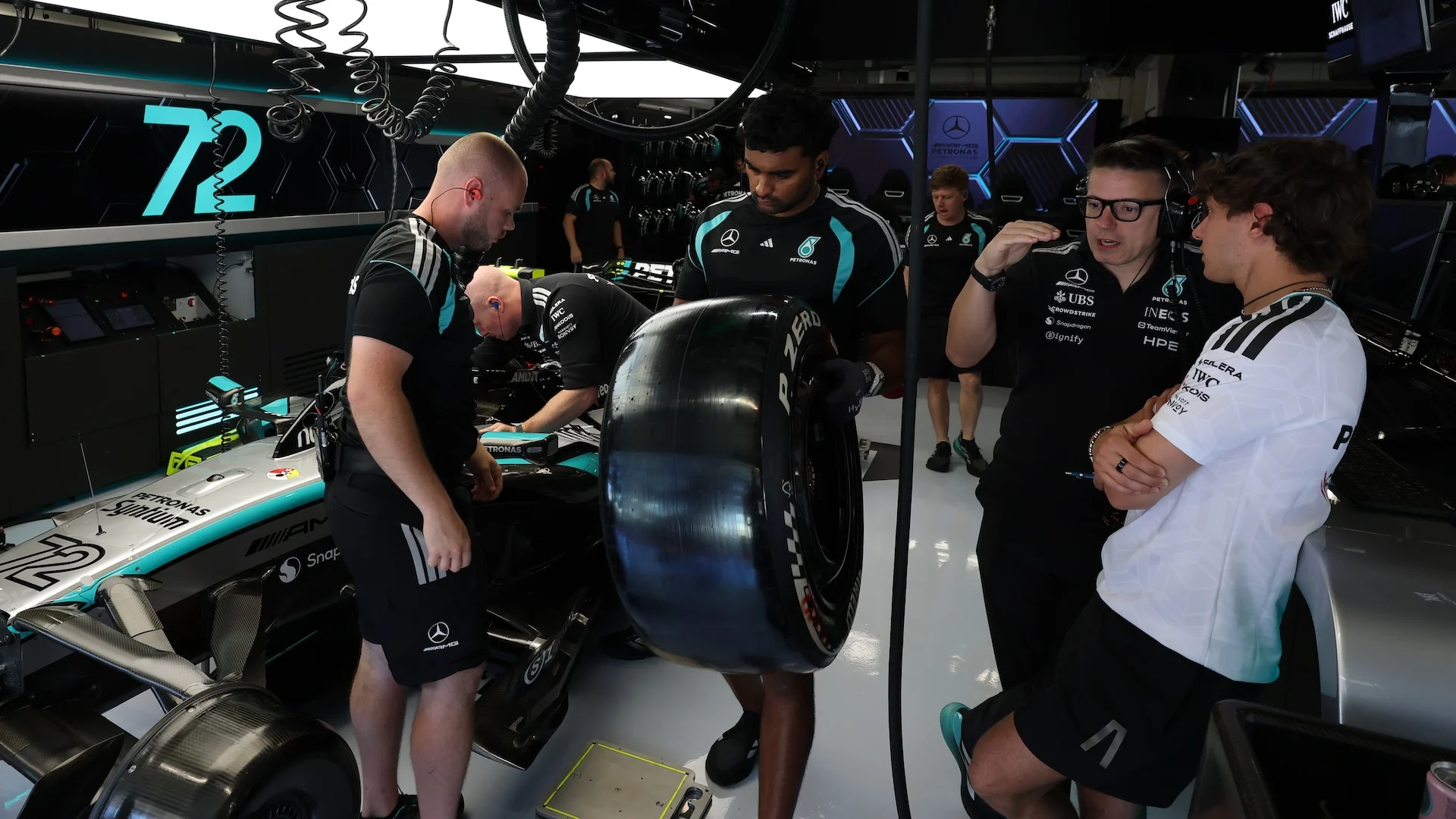 BARCELONA, SPAIN - JUNE 12: Andrea Kimi Antonelli of Italy and Mercedes AMG Petronas F1 Team talks