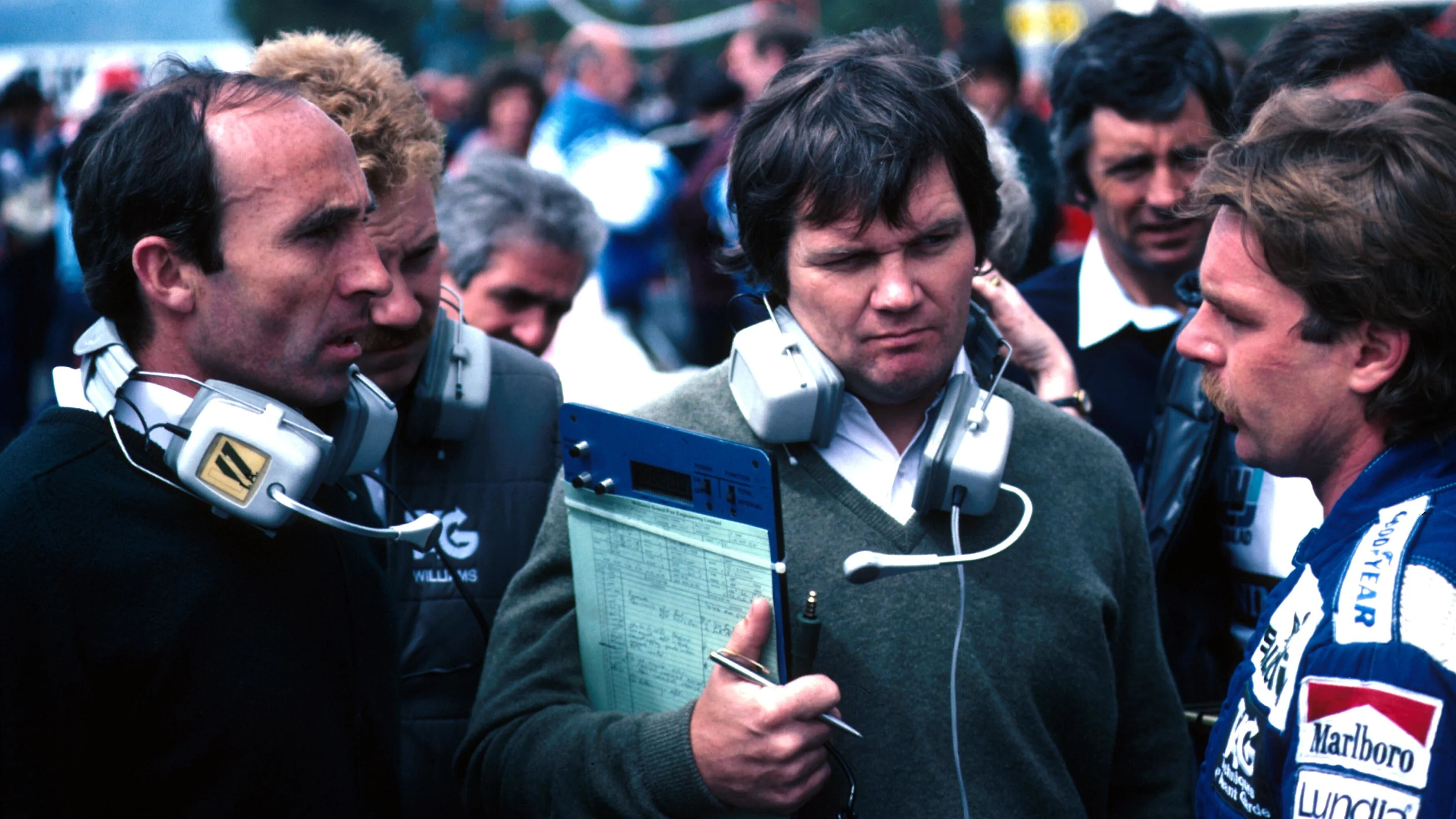 L to R: Frank Williams(GBR), Patrick Head(GBR), Keke Rosberg(FIN) French GP, Paul Ricard, July 1982