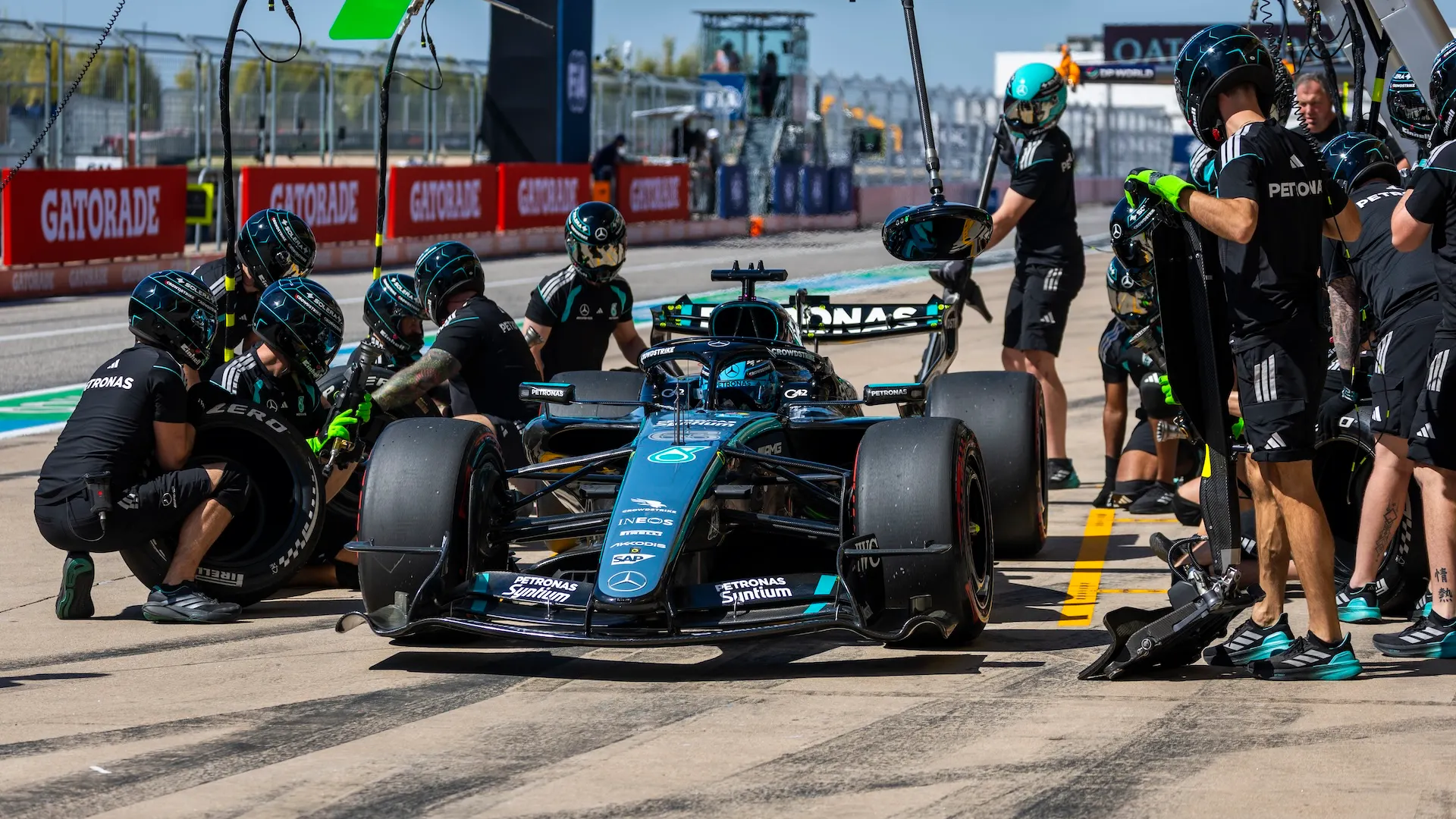 AUSTIN, TEXAS - OCTOBER 23: George Russell of Great Britain driving the (63) Mercedes AMG Petronas