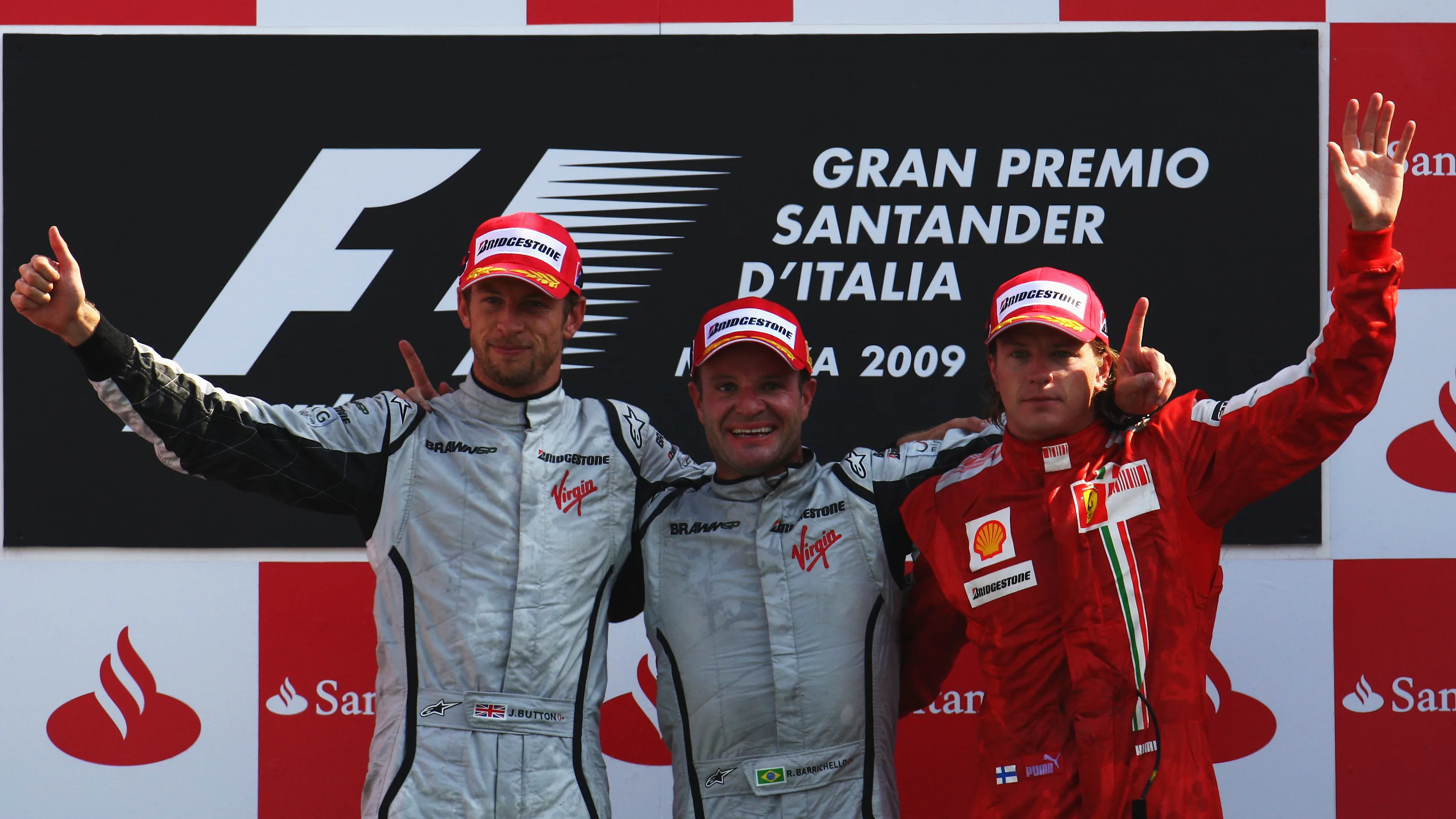 MONZA, ITALY - SEPTEMBER 13: Race winner Rubens Barrichello (C) of Brazil and Brawn GP celebrates