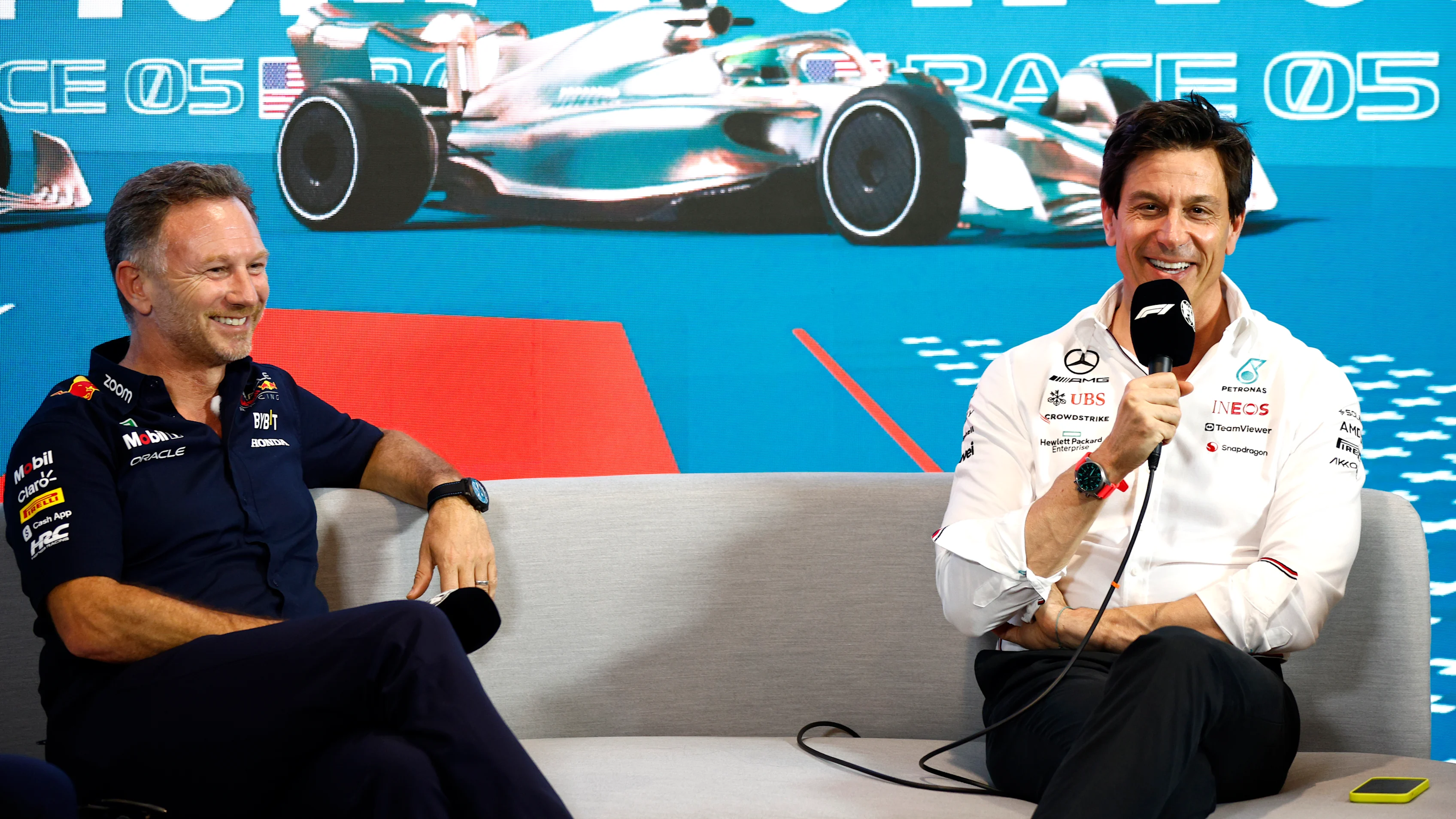 MIAMI, FLORIDA - MAY 05: Red Bull Racing Team Principal Christian Horner and Mercedes GP Executive
