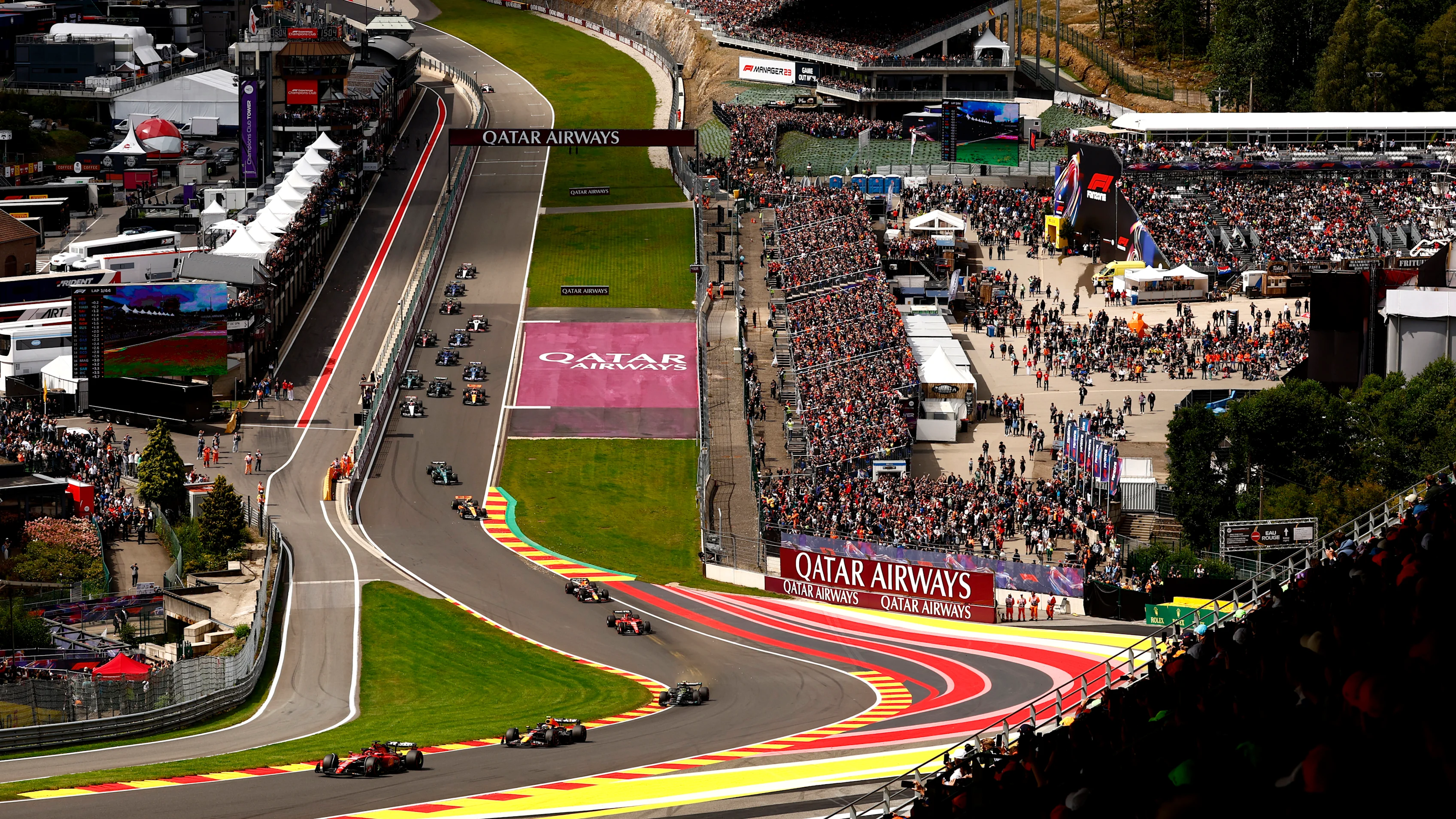 SPA, BELGIUM - JULY 30: Charles Leclerc of Monaco driving the (16) Ferrari SF-23 leads Sergio Perez