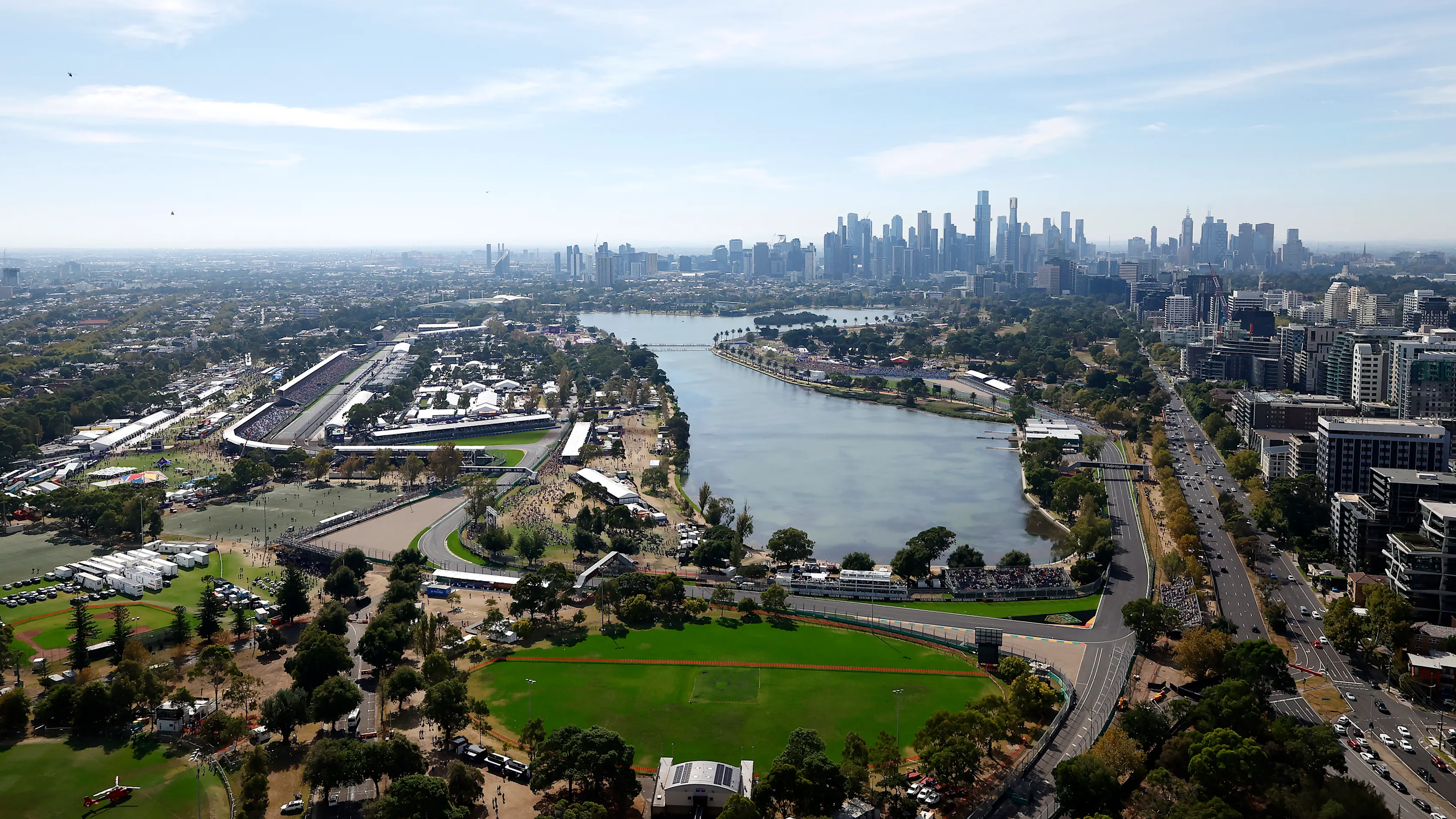 MELBOURNE, AUSTRALIA - MARCH 14: A bird's eye view of the Albert Park during practice ahead of the