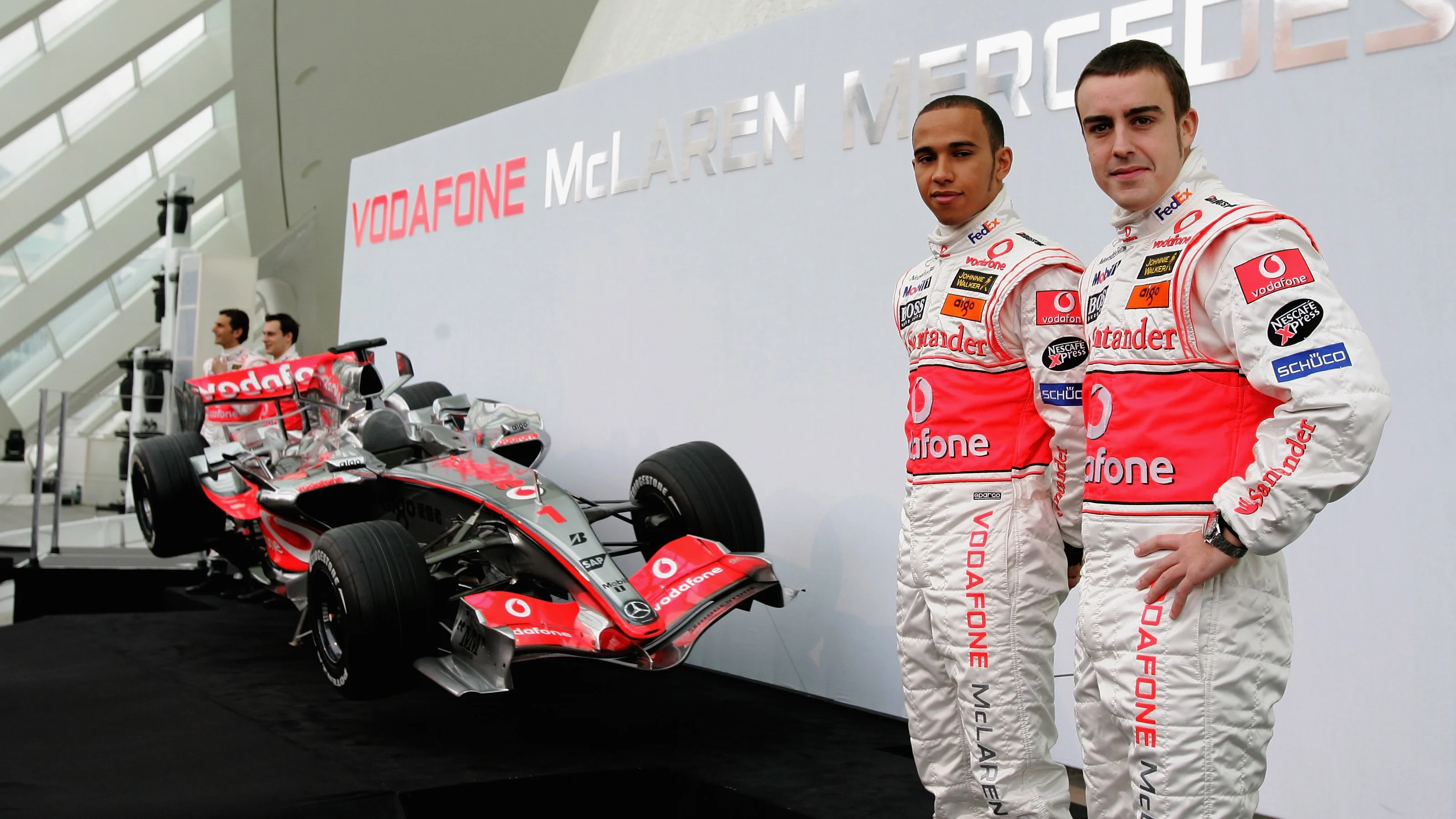 VALENCIA, SPAIN - JANUARY 15: Lewis Hamilton of Great Britain (L) and Fernando Alonso of Spain (R)