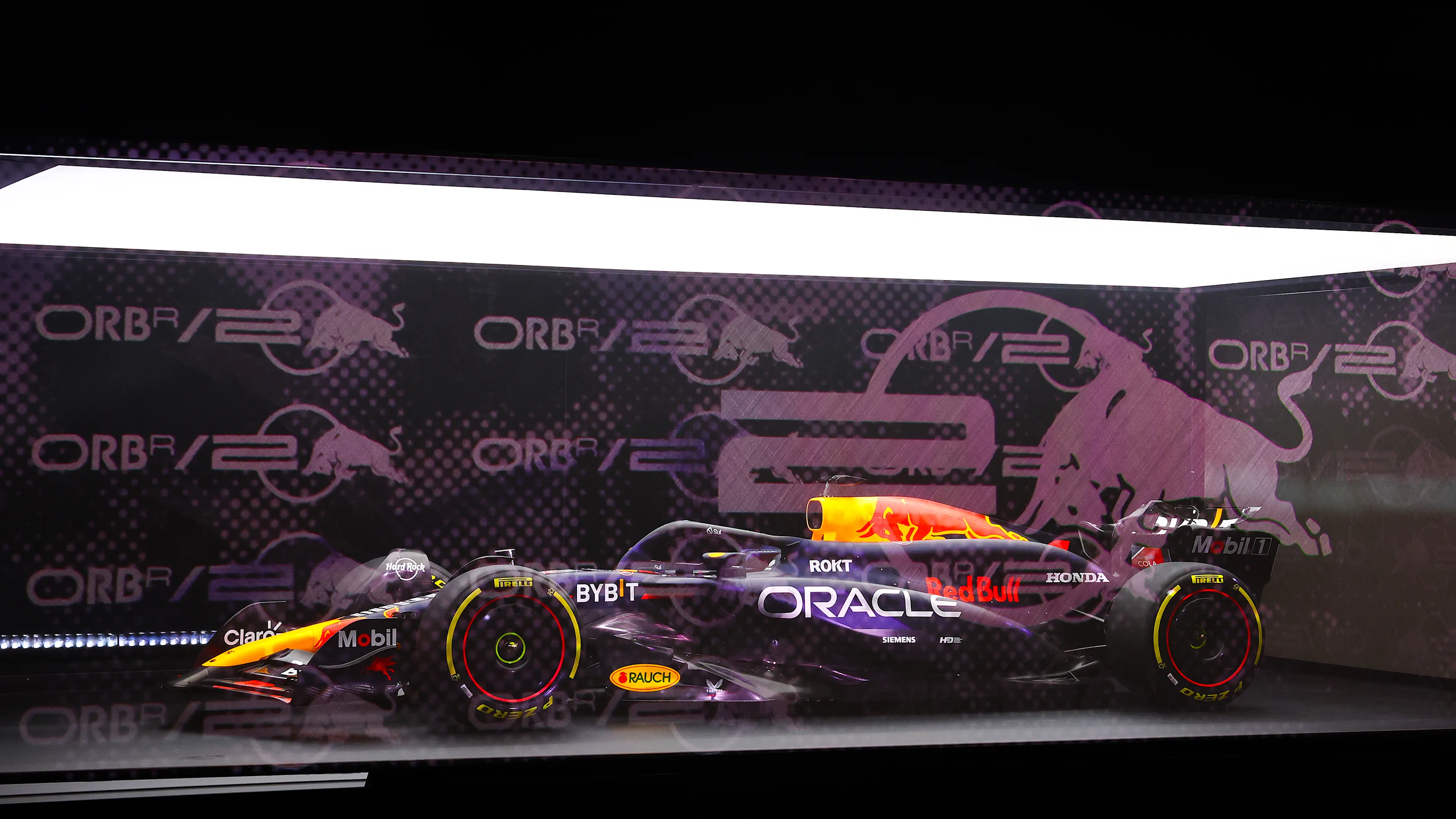 MILTON KEYNES, ENGLAND - FEBRUARY 14: The RB20 is pictured behind a screen ahead of the Oracle Red