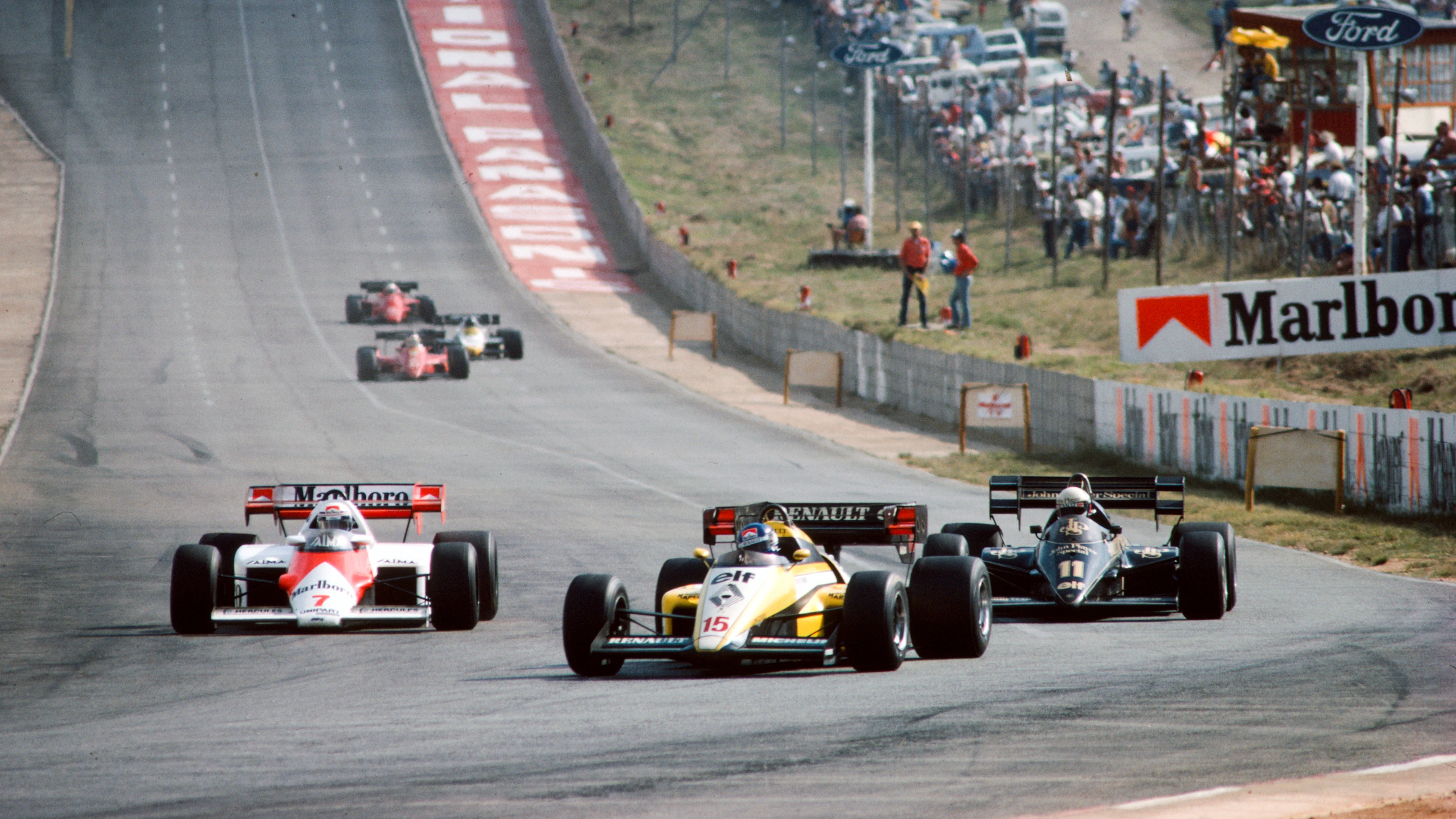 KYALAMI, SOUTH AFRICA - APRIL 07: Patrick Tambay, Renault RE50, leads Alain Prost, McLaren MP4-2