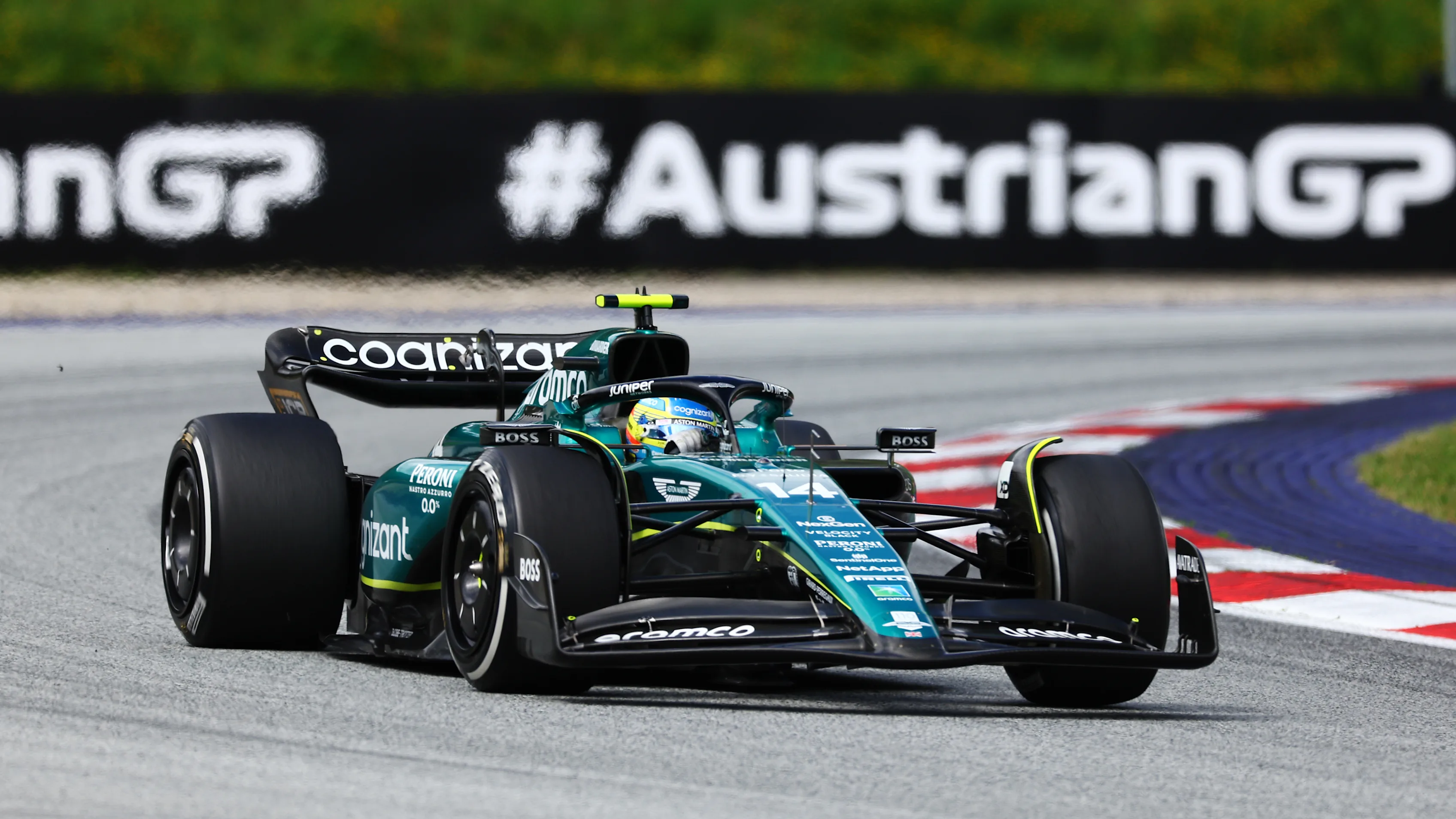 SPIELBERG, AUSTRIA - JULY 02: Fernando Alonso of Spain driving the (14) Aston Martin AMR23 Mercedes