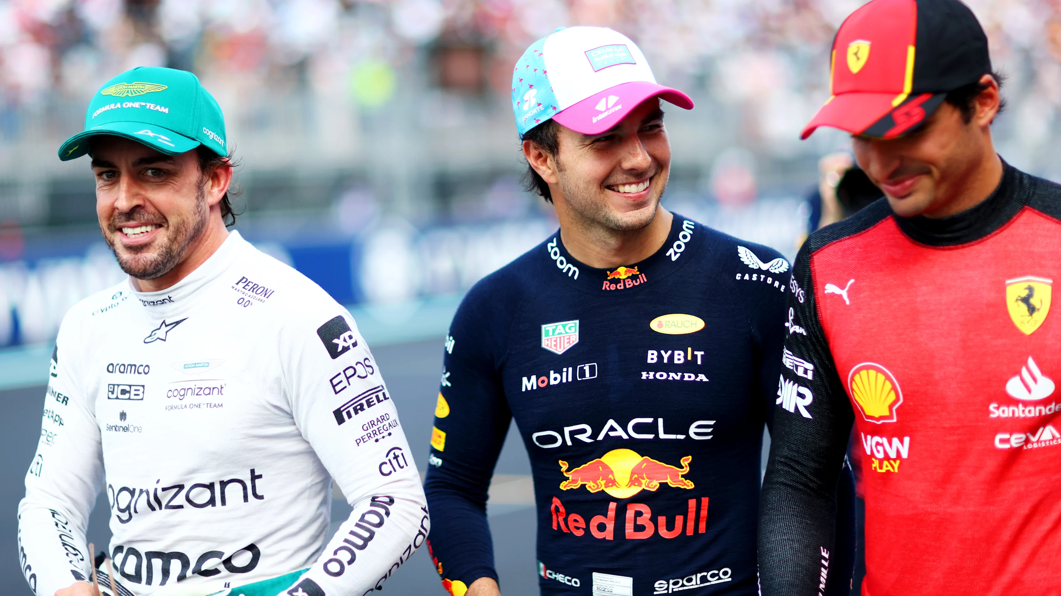 MIAMI, FLORIDA - MAY 06: Pole position qualifier Sergio Perez of Mexico and Oracle Red Bull Racing