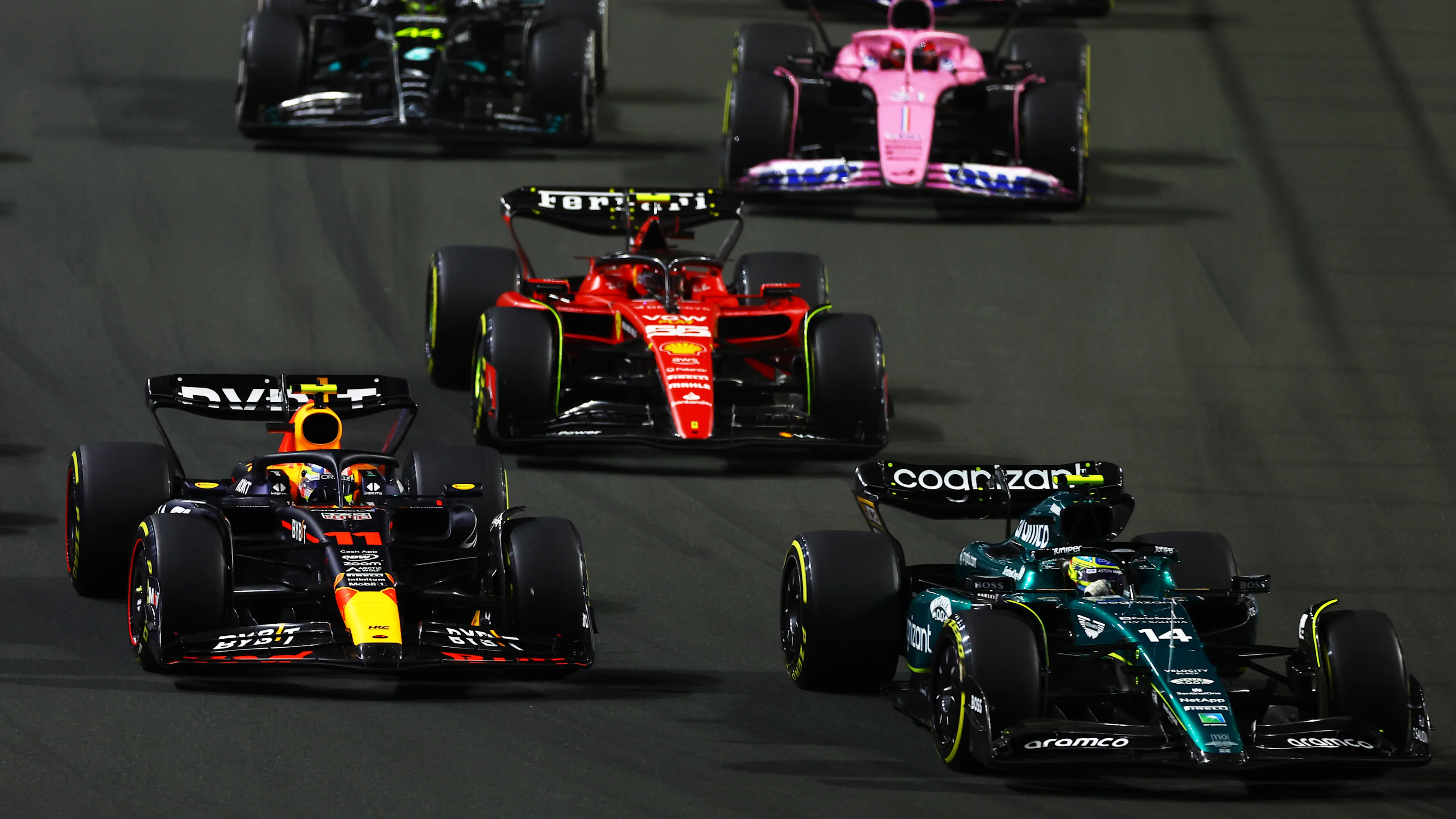 JEDDAH, SAUDI ARABIA - MARCH 19: Fernando Alonso of Spain driving the (14) Aston Martin AMR23