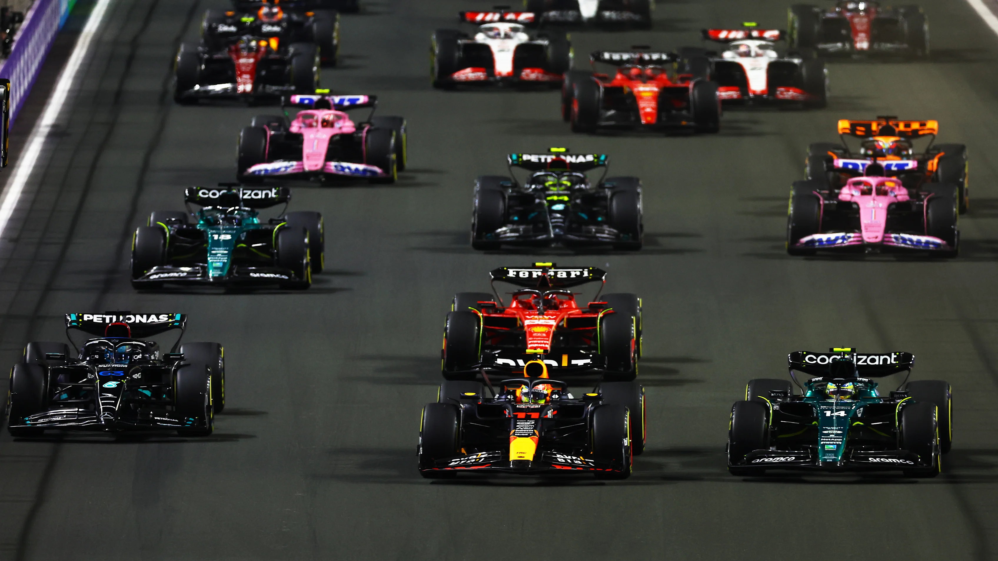 JEDDAH, SAUDI ARABIA - MARCH 19: Fernando Alonso of Spain driving the (14) Aston Martin AMR23