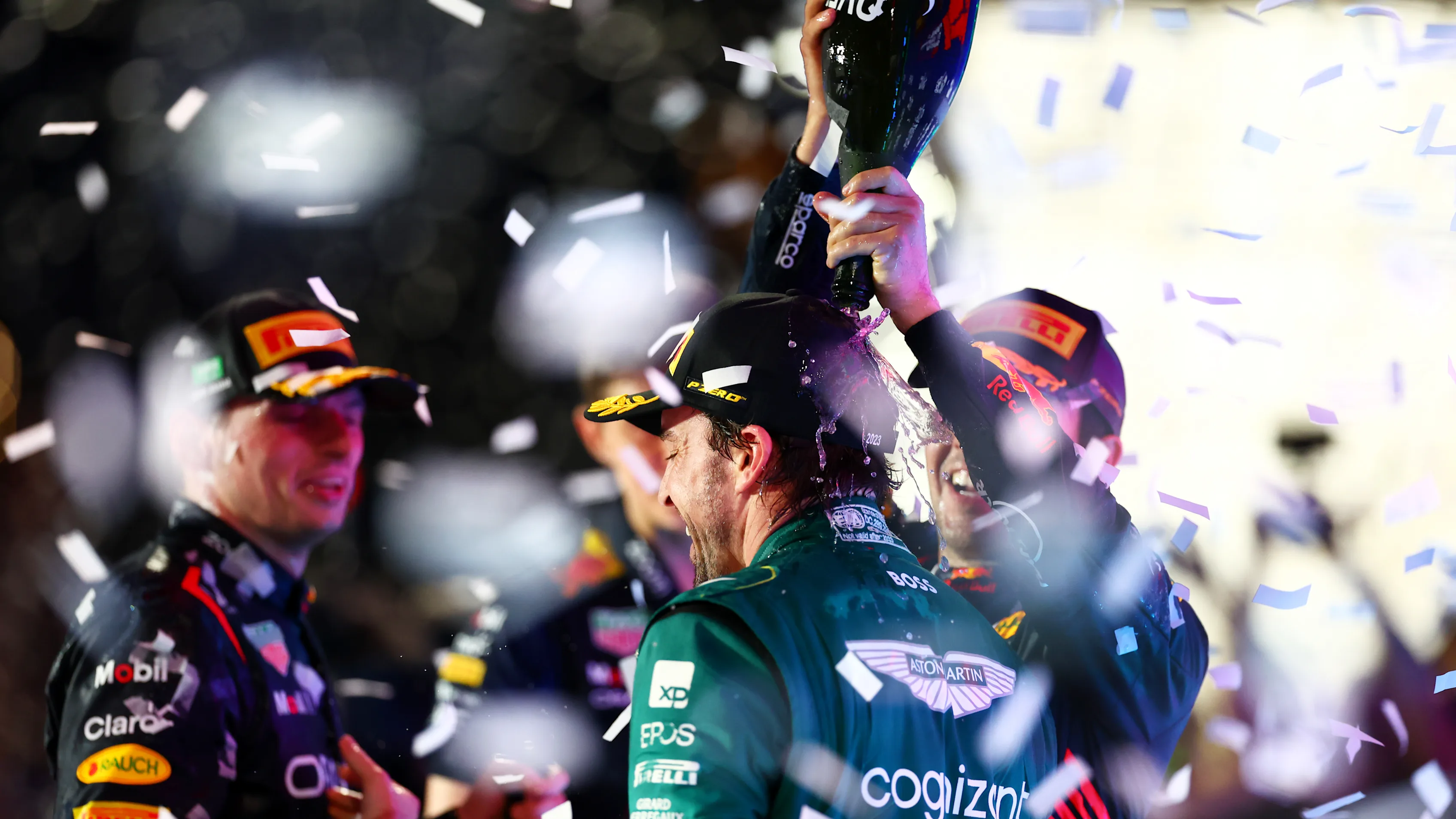 JEDDAH, SAUDI ARABIA - MARCH 19: Third placed Fernando Alonso of Spain and Aston Martin F1 Team and