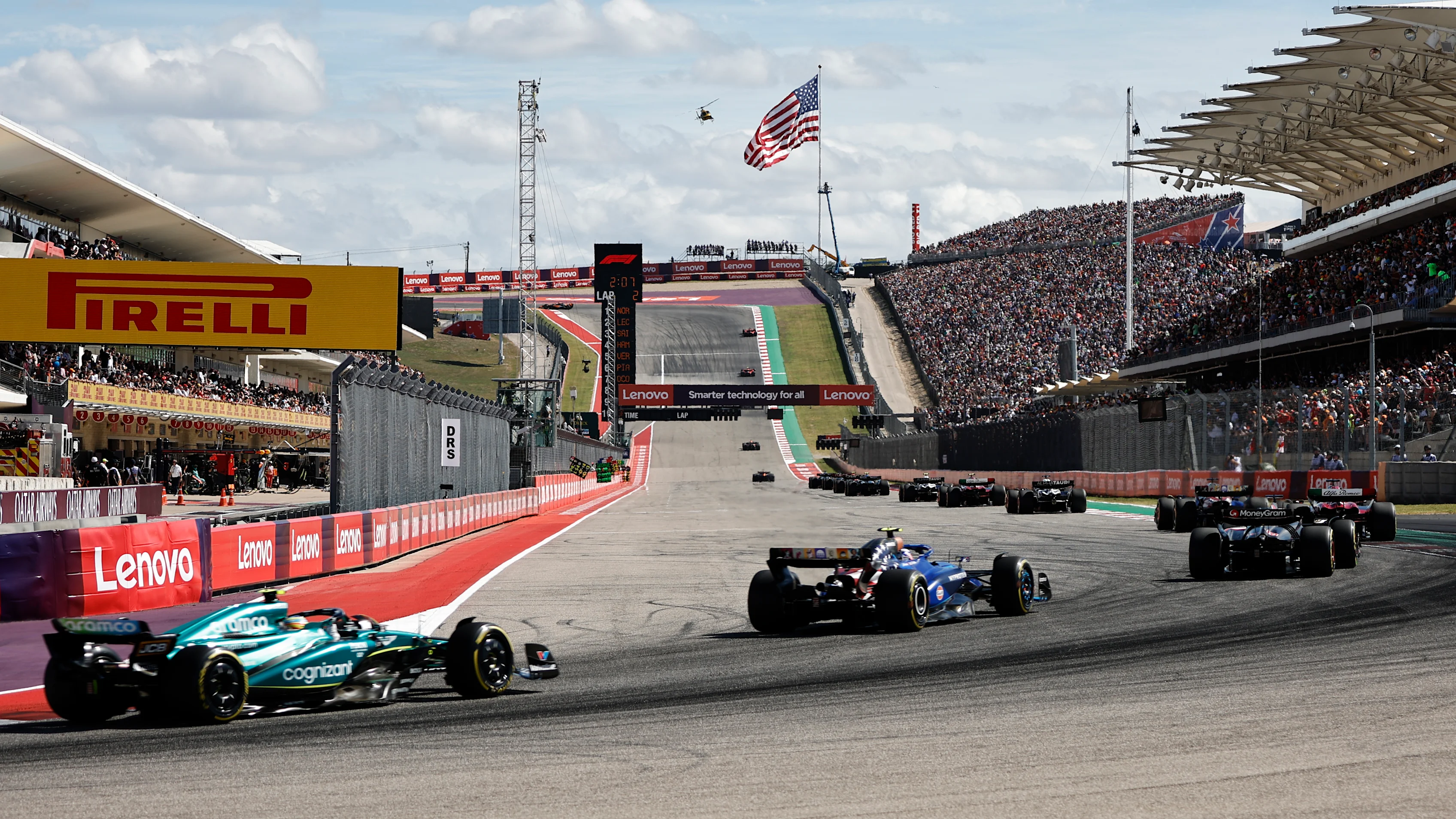 AUSTIN, TEXAS - OCTOBER 22: Fernando Alonso of Spain driving the (14) Aston Martin AMR23 Mercedes