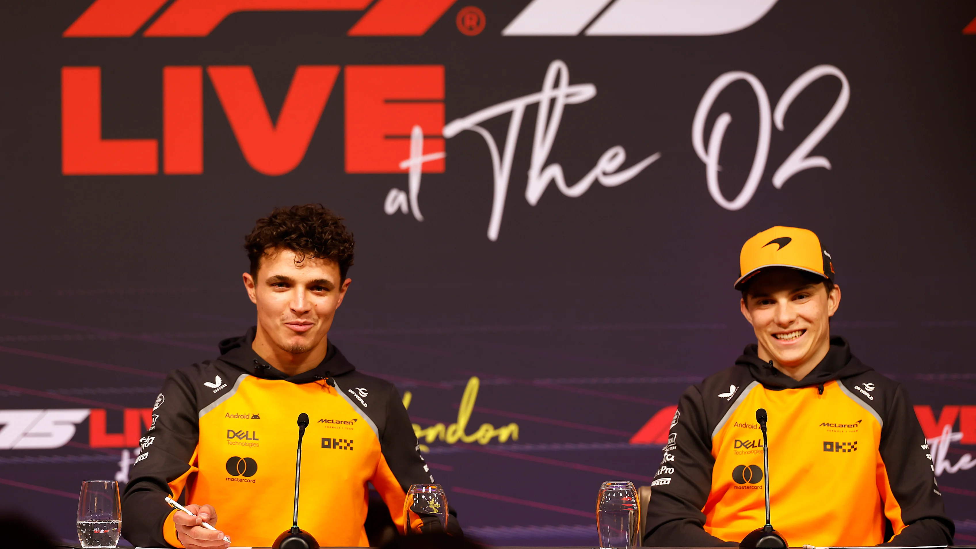 LONDON, ENGLAND - FEBRUARY 18: Lando Norris of Great Britain and McLaren and Oscar Piastri of