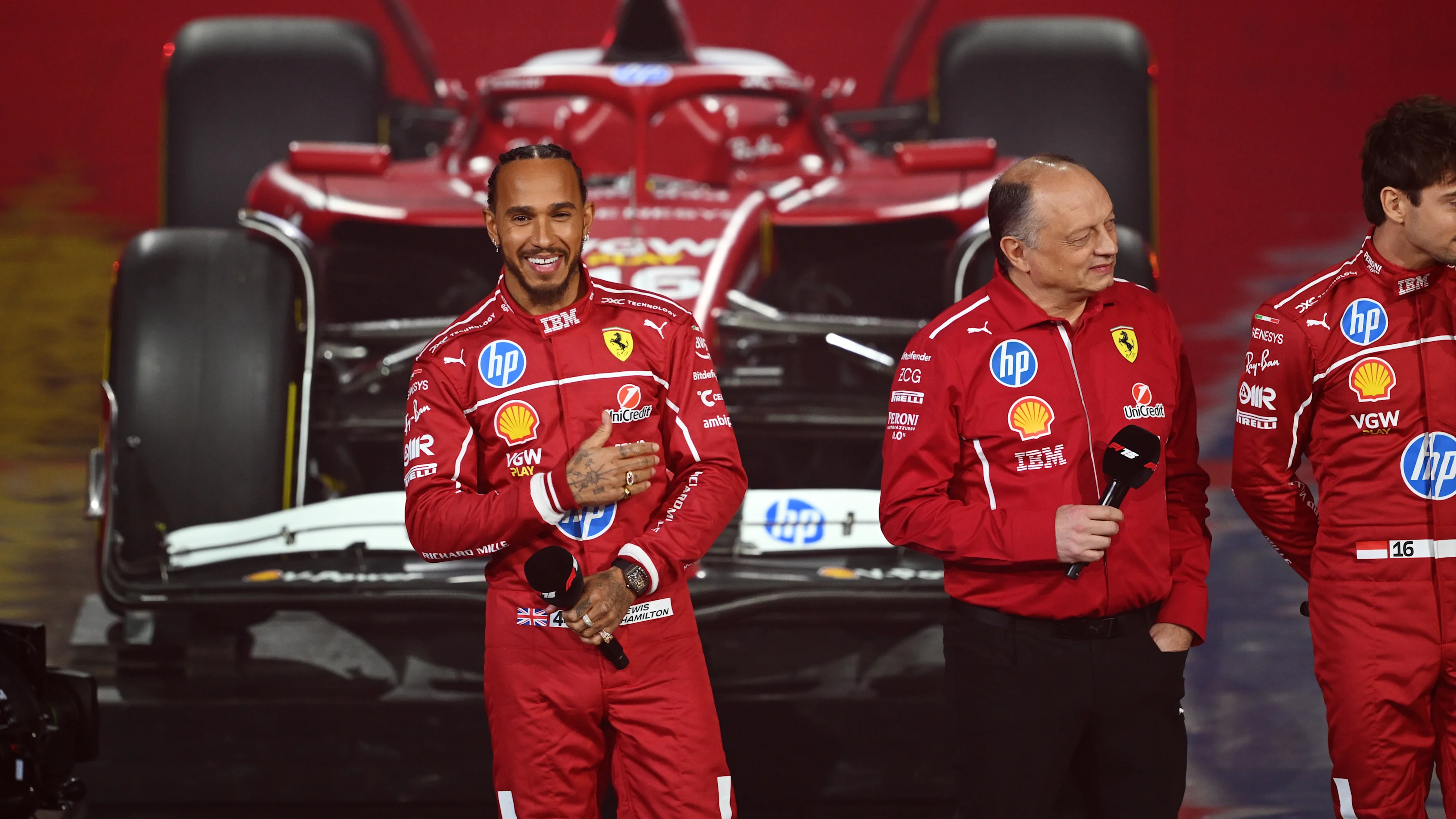 LONDON, ENGLAND - FEBRUARY 18: Lewis Hamilton of Great Britain and Scuderia Ferrari looks on during