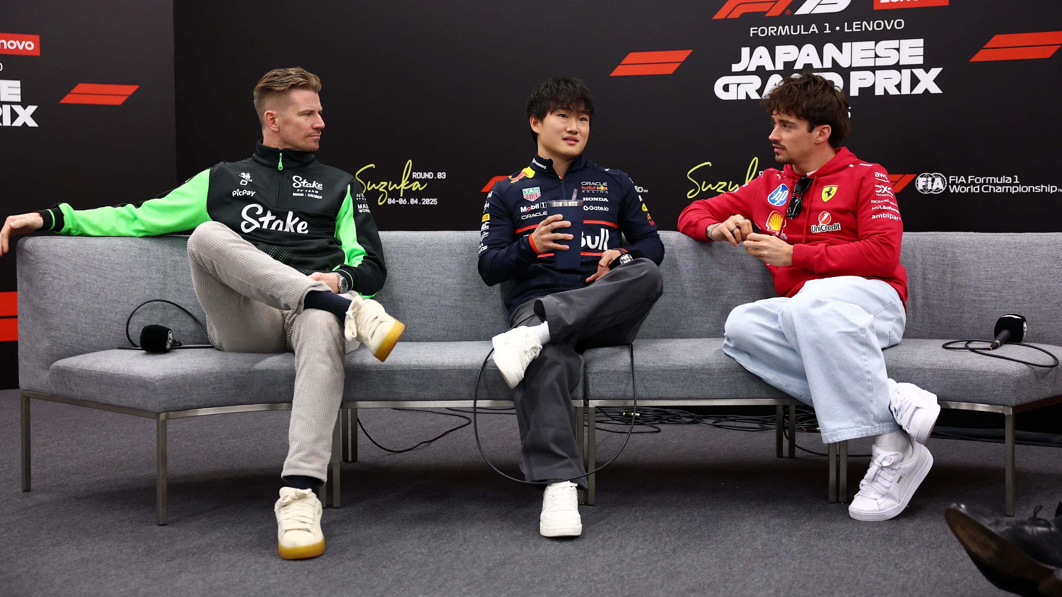 SUZUKA, JAPAN - APRIL 03: Nico Hulkenberg of Germany and Stake F1 Team Kick Sauber Yuki Tsunoda of