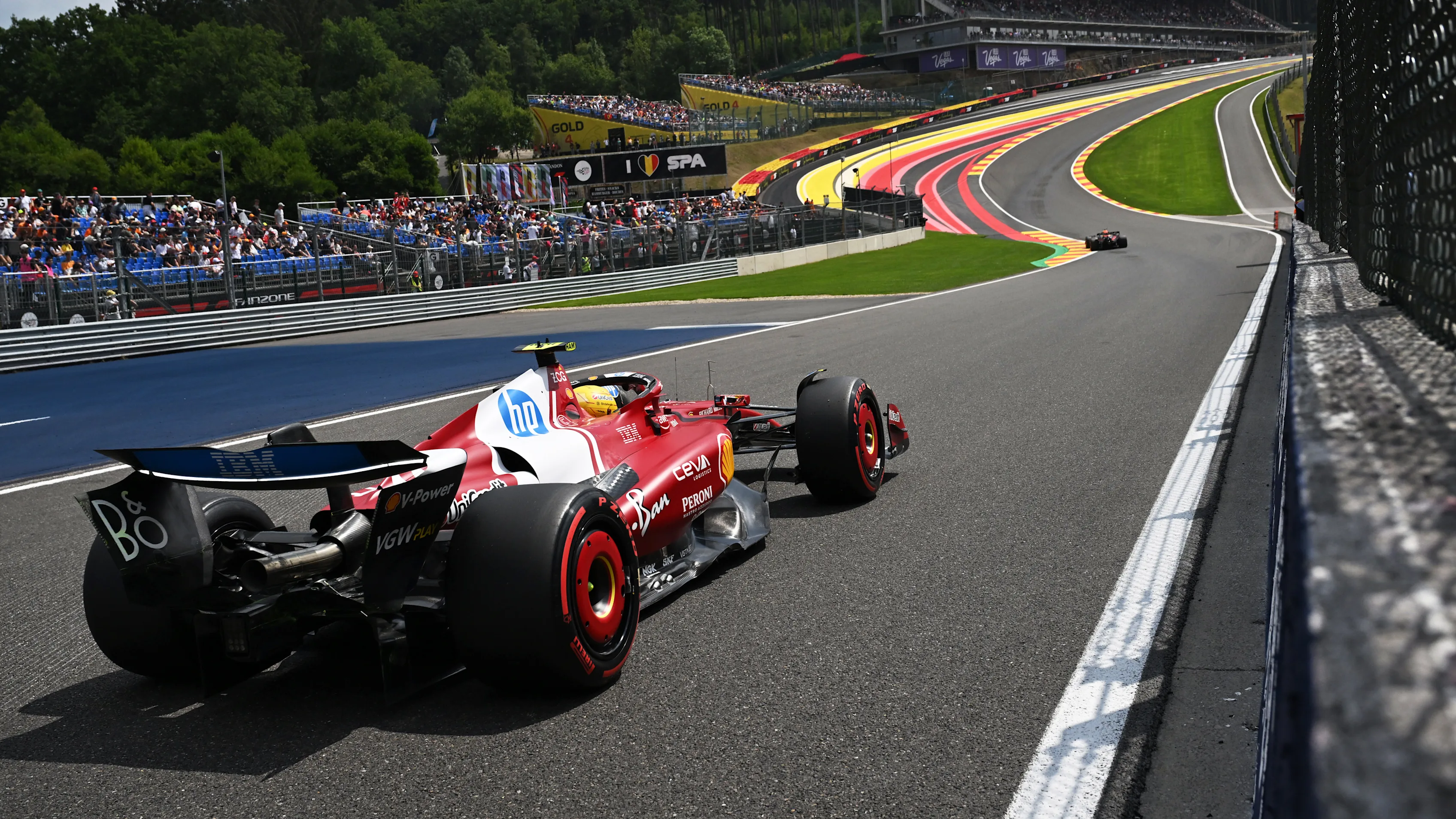 SPA, BELGIUM - JULY 25: Lewis Hamilton of Great Britain driving the (44) Scuderia Ferrari SF-25 on