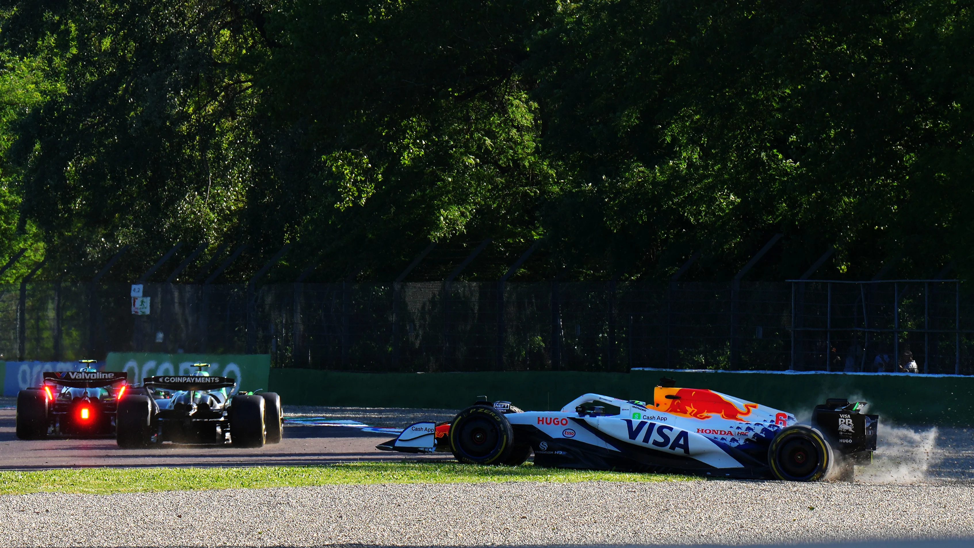 IMOLA, ITALY - MAY 16: Isack Hadjar of France driving the (6) Visa Cash App Racing Bulls VCARB 02 crashes during practice ahead of the F1 Grand Prix of Emilia-Romagna at Autodromo Internazionale Enzo e Dino Ferrari on May 16, 2025 in Imola, Italy. (Photo by Malcolm Griffiths - Formula 1/Formula 1 via Getty Images)
