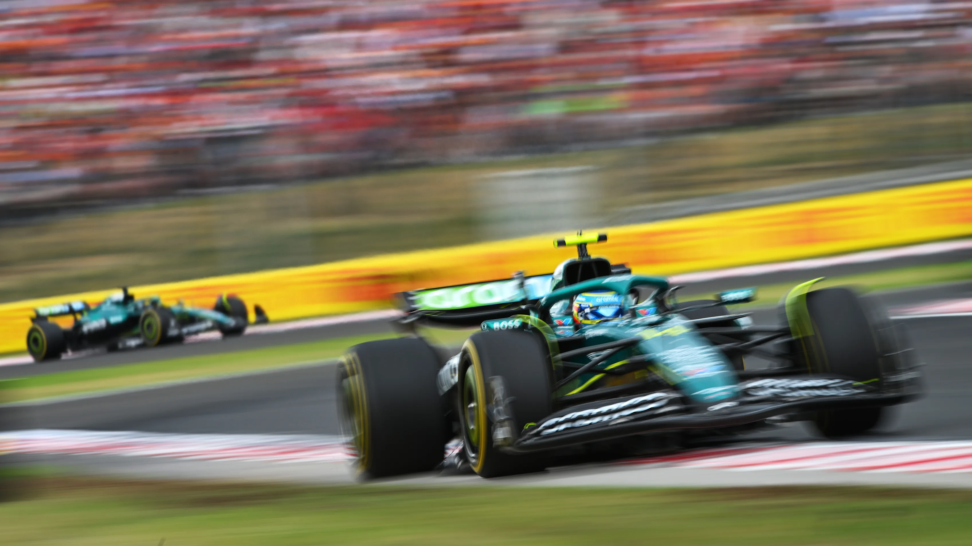 BUDAPEST, HUNGARY - AUGUST 03: Fernando Alonso of Spain driving the (14) Aston Martin F1 Team AMR25 Mercedes on track during the F1 Grand Prix of Hungary at Hungaroring on August 03, 2025 in Budapest, Hungary. (Photo by Rudy Carezzevoli/Getty Images)