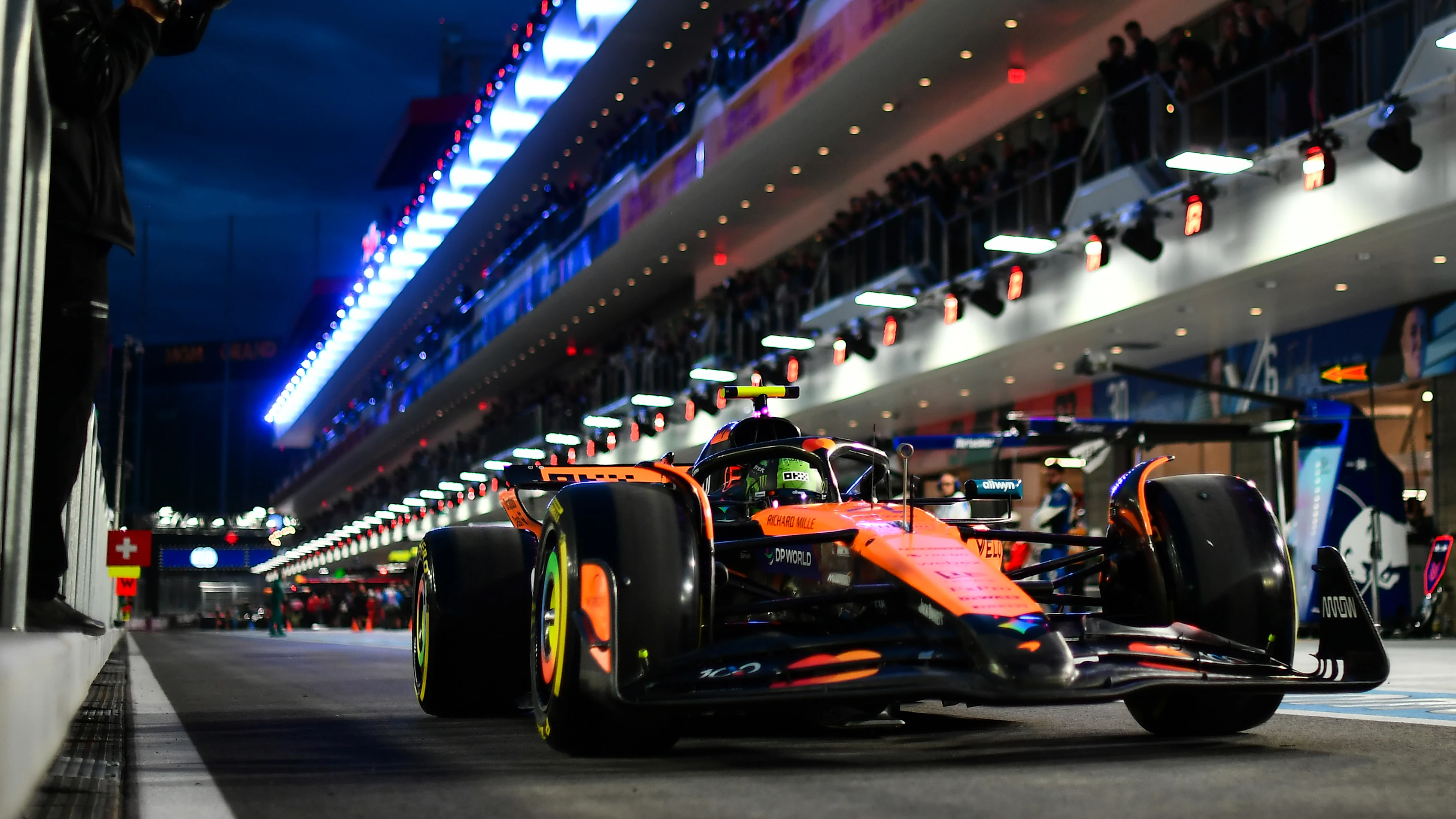 LAS VEGAS, NEVADA - NOVEMBER 20: Lando Norris of Great Britain driving the (4) McLaren MCL39 Mercedes in the Pitlane during practice ahead of the F1 Grand Prix of Las Vegas at Las Vegas Strip Circuit on November 20, 2025 in Las Vegas, Nevada. (Photo by James Sutton - Formula 1/Formula 1 via Getty Images)