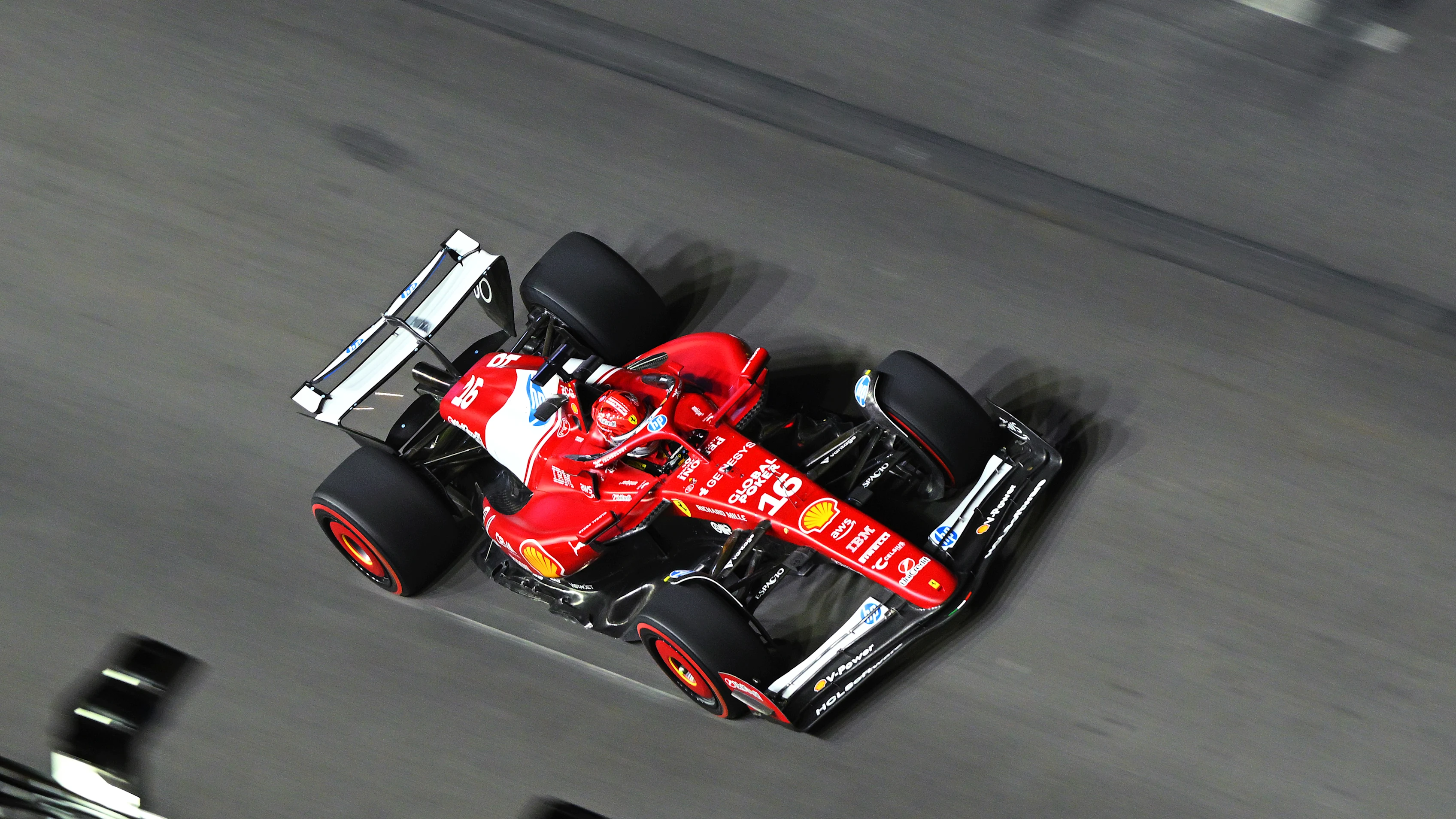 LAS VEGAS, NEVADA - NOVEMBER 20: Charles Leclerc of Monaco driving the (16) Scuderia Ferrari SF-25 on track during practice ahead of the F1 Grand Prix of Las Vegas at Las Vegas Strip Circuit on November 20, 2025 in Las Vegas, Nevada. (Photo by Clive Mason/Getty Images)