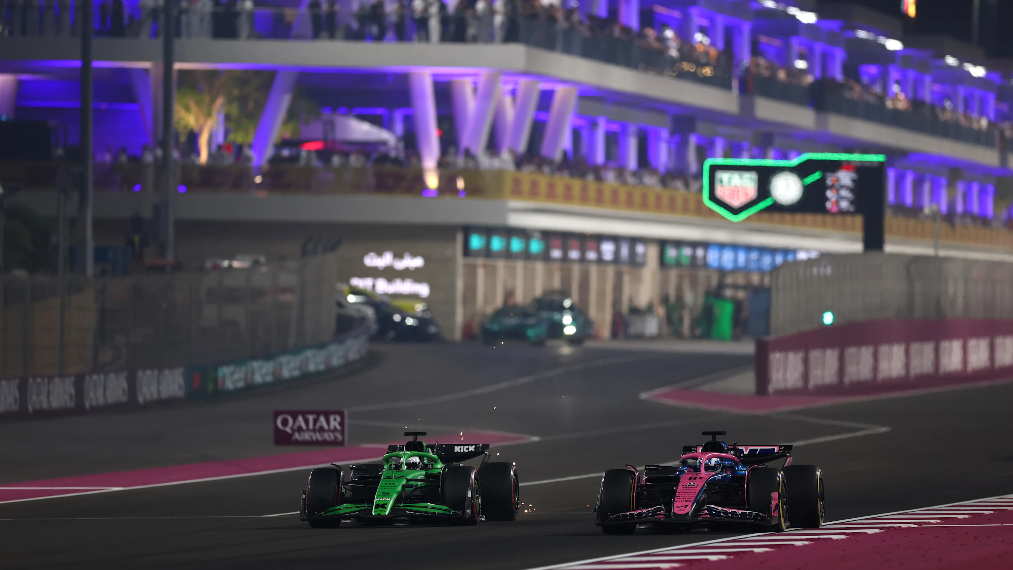 LUSAIL CITY, QATAR - NOVEMBER 30: Nico Hulkenberg of Germany driving the (27) Kick Sauber C45 Ferrari and Pierre Gasly of France driving the (10) Alpine F1 A525 Renault battle for track position during the F1 Grand Prix of Qatar at Lusail International Circuit on November 30, 2025 in Lusail City, Qatar. (Photo by Clive Rose - Formula 1/Formula 1 via Getty Images)