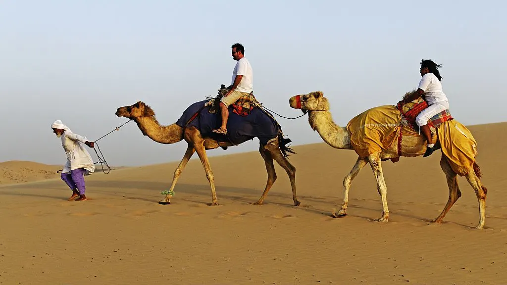(GERMANY OUT) United Arab Emirates - Abu Dhabi: Bedouin guiding tourists on camels on a tour