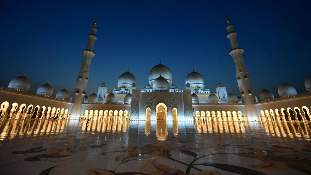 TOPSHOT - A picture taken on December 3, 2017 shows the Sheikh Zayed Grand Mosque in the UAE