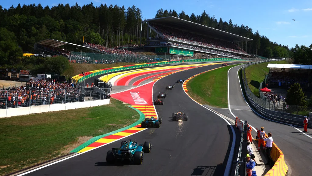 SPA, BELGIUM - AUGUST 28: A general view of the start of the race as cars make their way up Eau