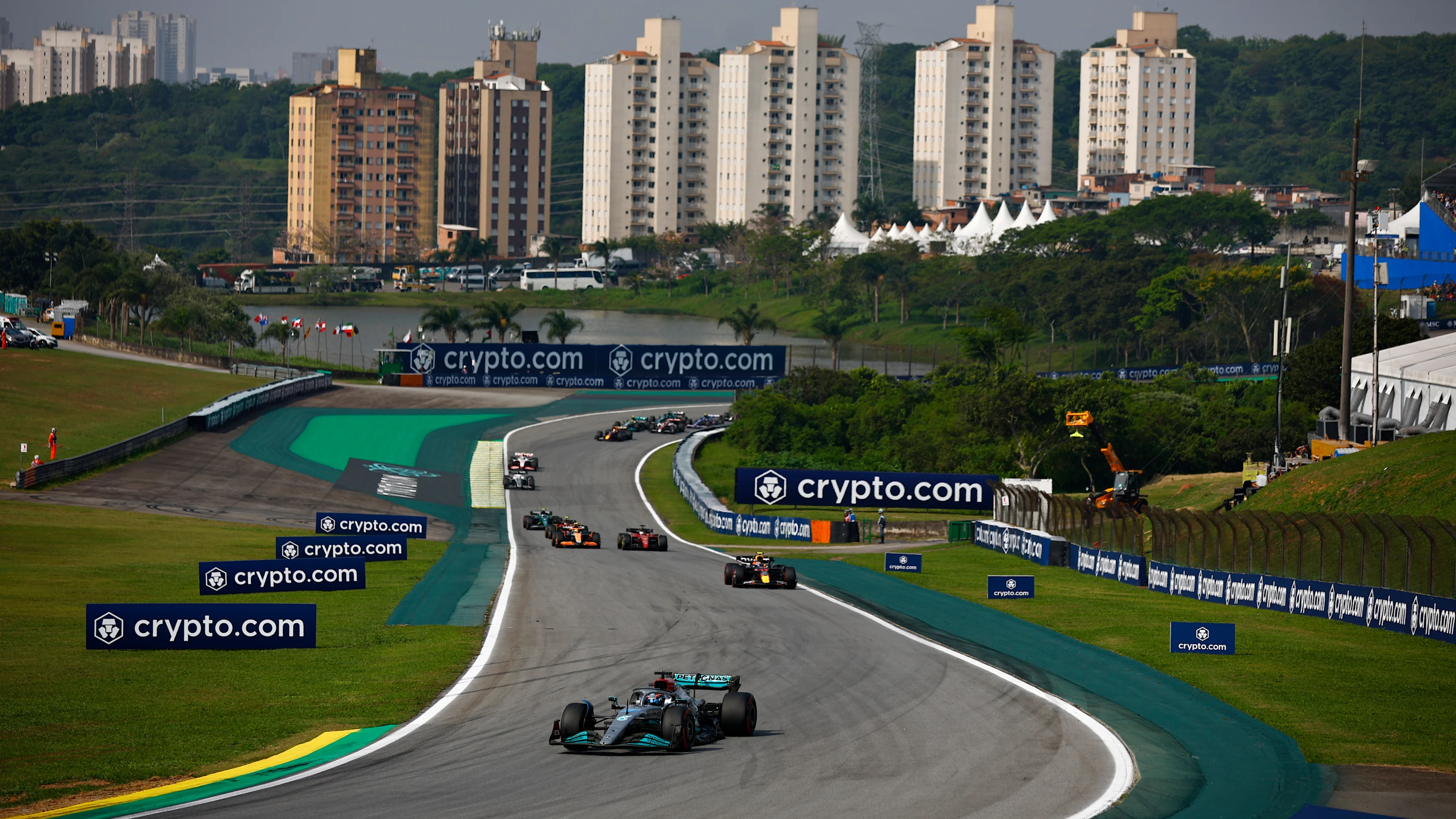 SAO PAULO, BRAZIL - NOVEMBER 13: George Russell of Great Britain driving the (63) Mercedes AMG