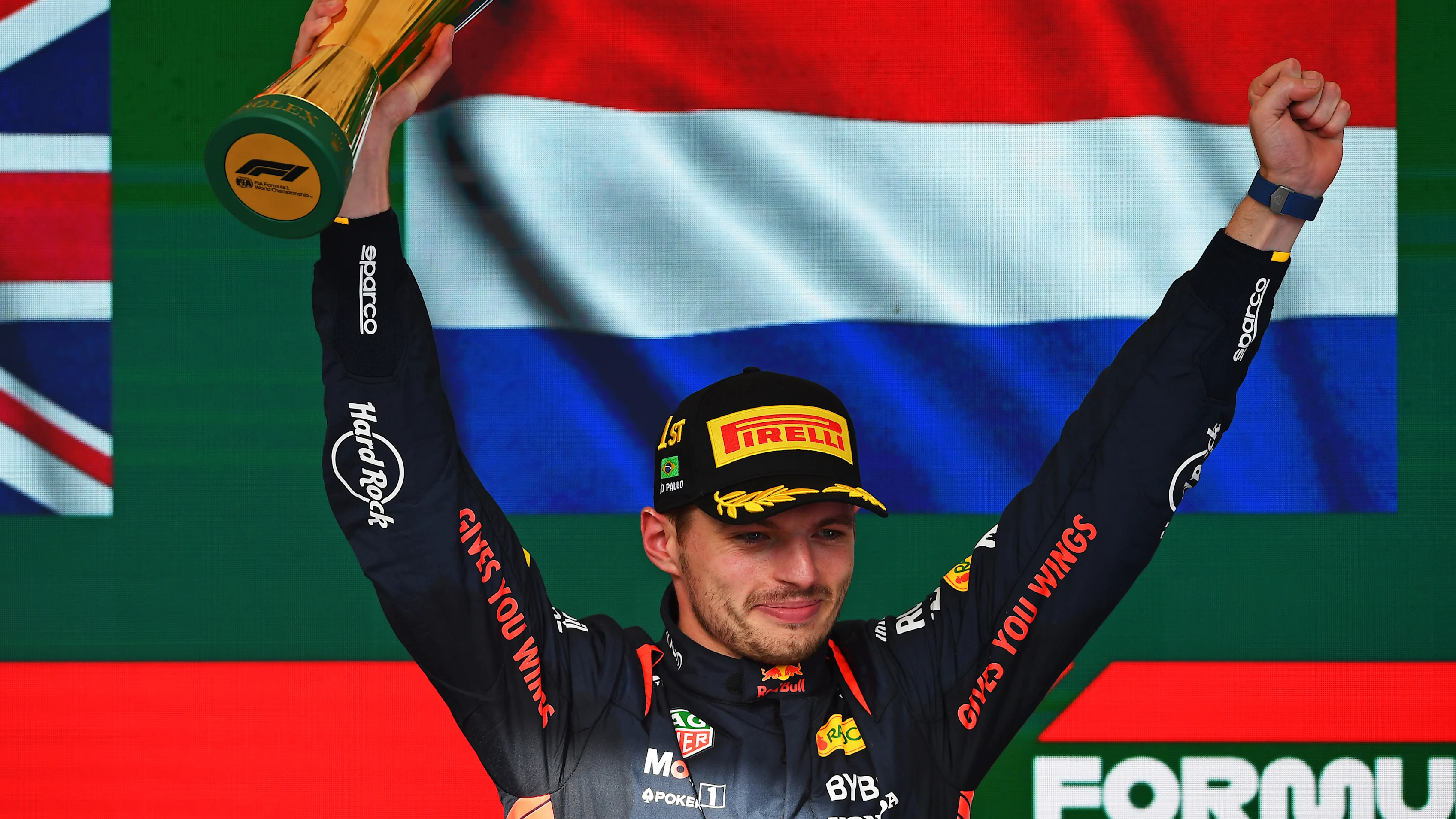 SAO PAULO, BRAZIL - NOVEMBER 05: Race winner Max Verstappen of the Netherlands and Oracle Red Bull