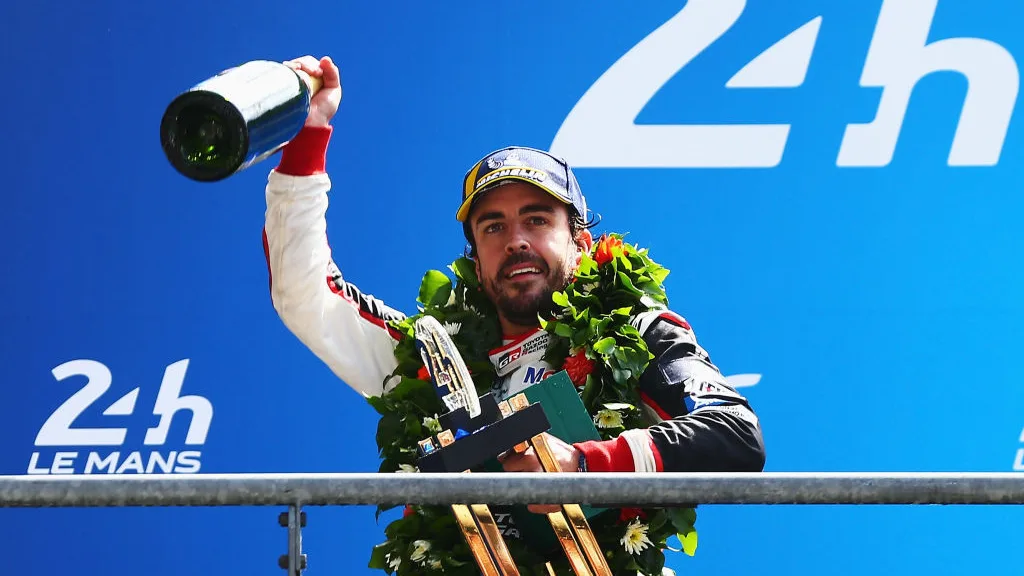 LE MANS, FRANCE - JUNE 17:  The Toyota Gazoo Racing TS050 Hybrid team driver Fernando Alonso reacts