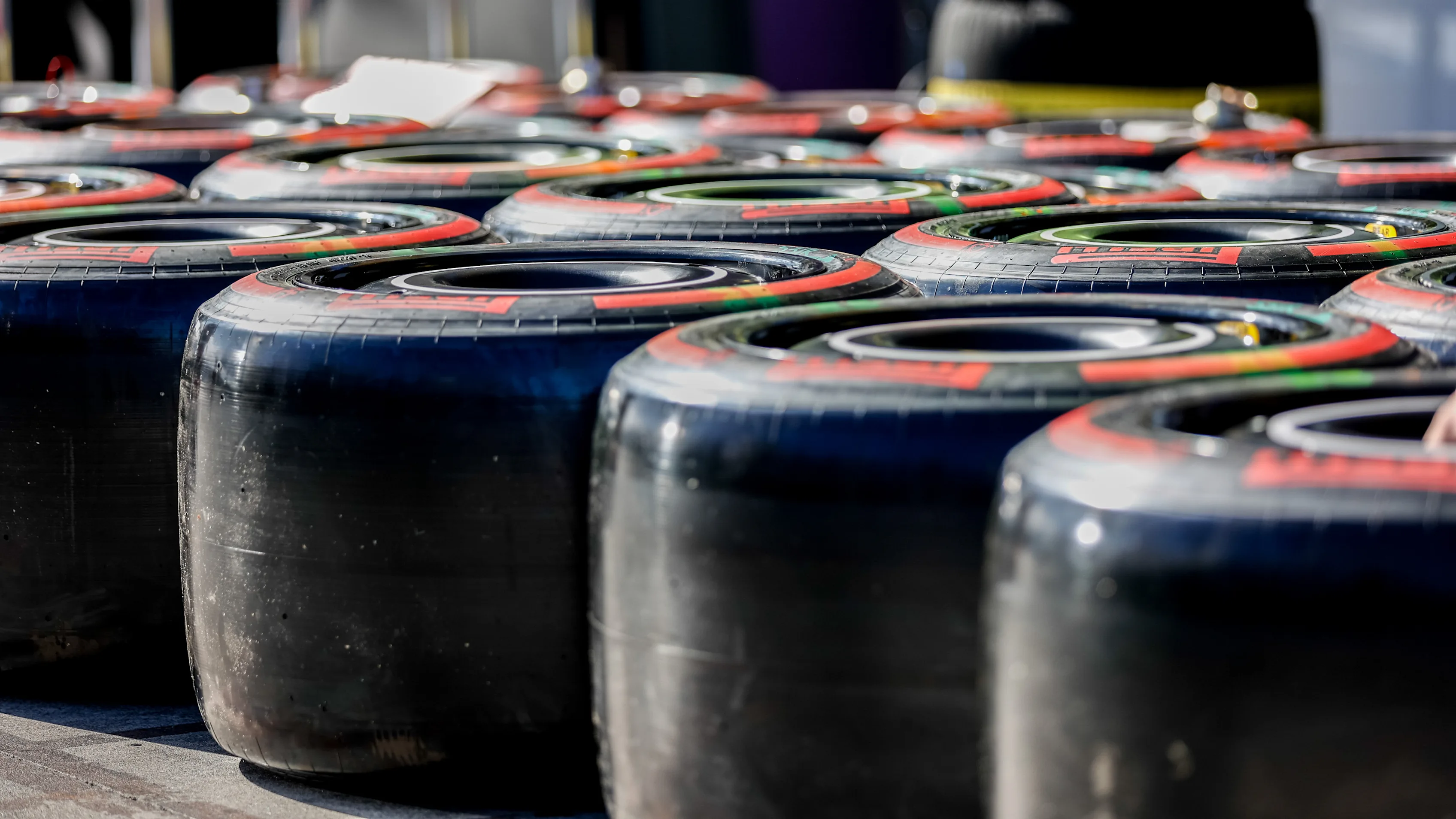 MELBOURNE, VICTORIA, AUSTRALIA - 2024/03/20: Pirelli super soft tyres in pit lane on setup day