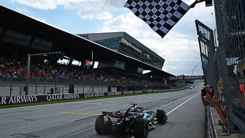 SPIELBERG, AUSTRIA - JUNE 30: Race winner George Russell of Great Britain driving the (63) Mercedes