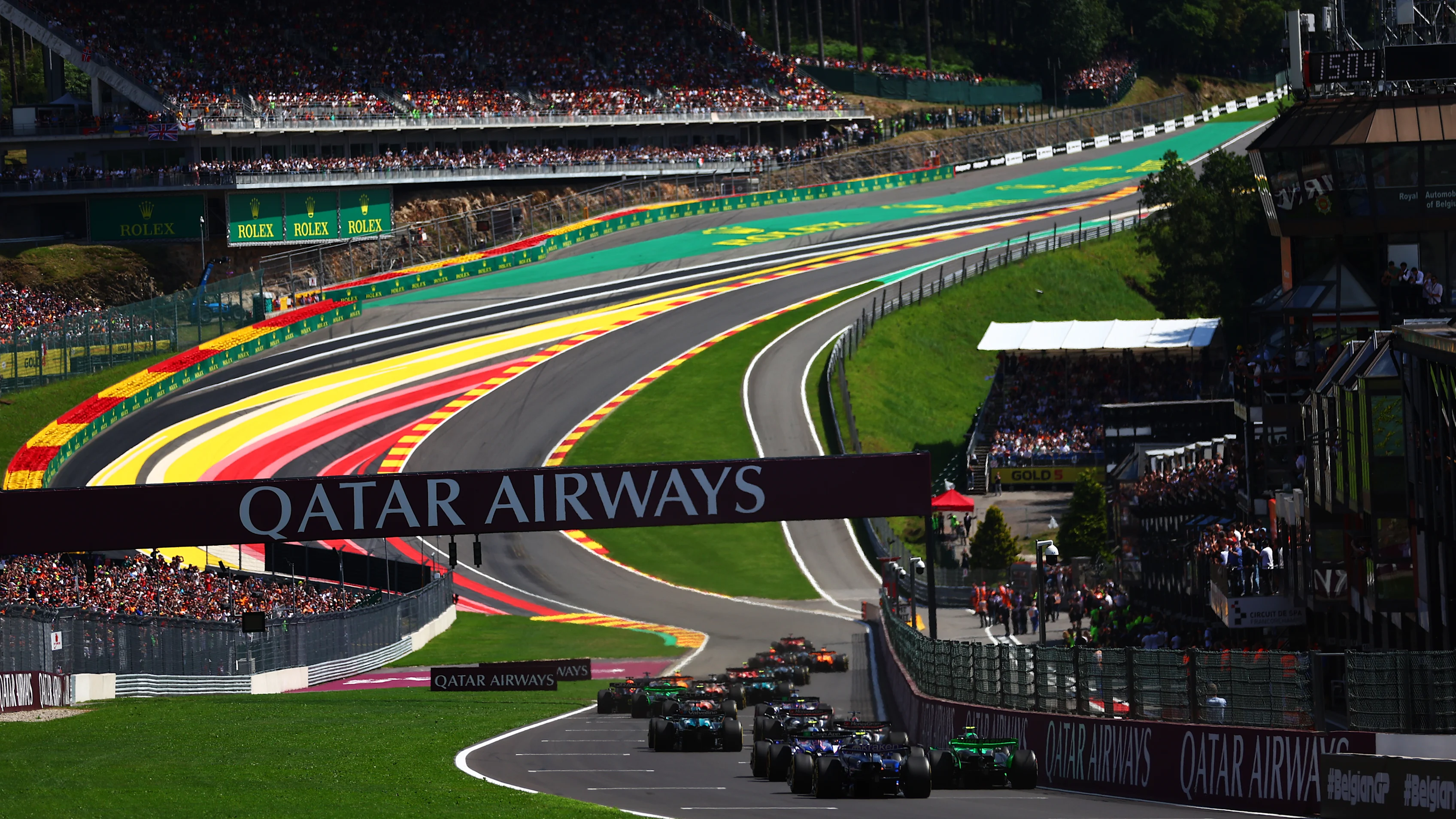 SPA, BELGIUM - JULY 28: Charles Leclerc of Monaco driving the (16) Ferrari SF-24 leads the field up