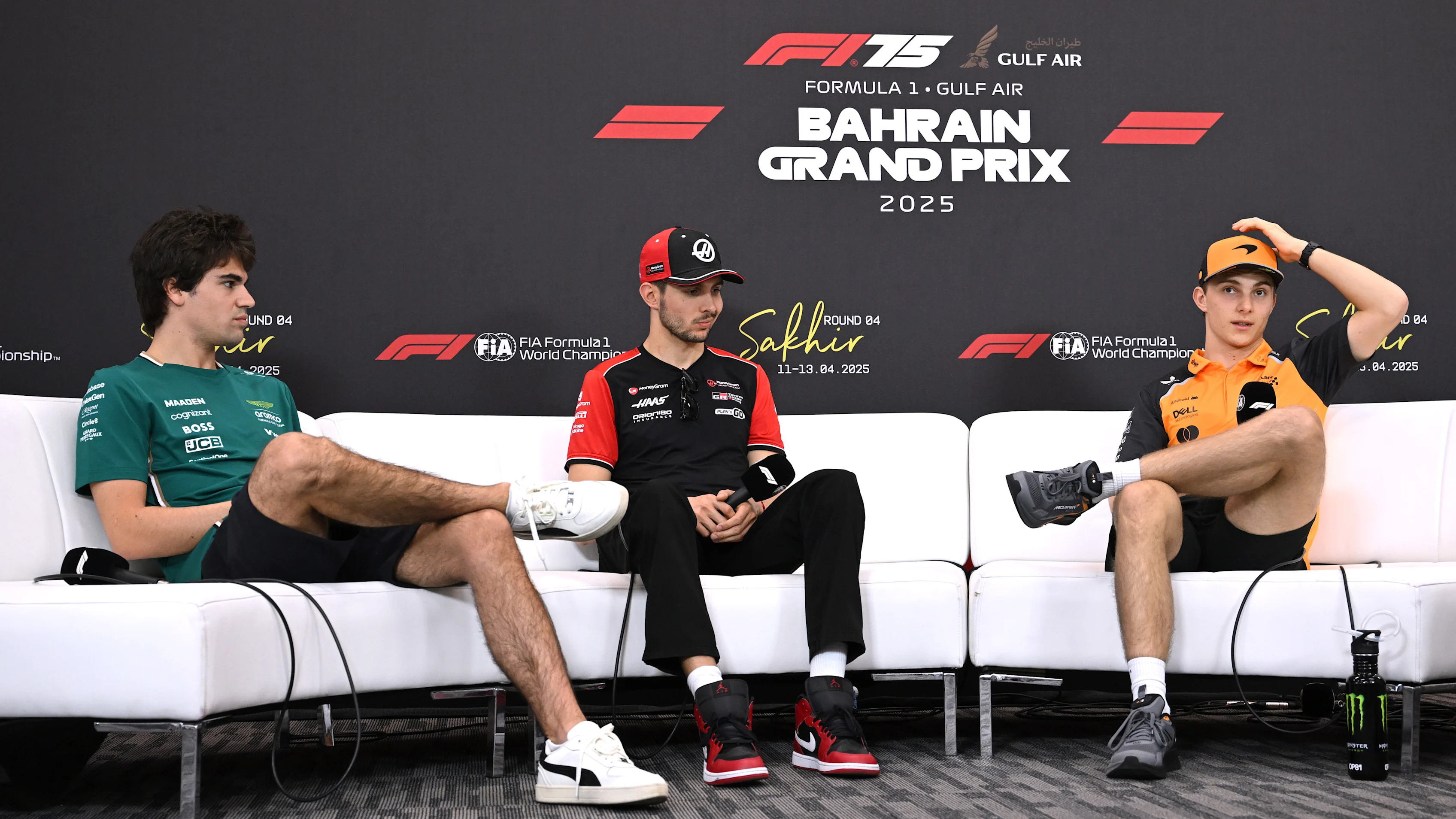BAHRAIN, BAHRAIN - APRIL 10: Lance Stroll of Canada and Aston Martin F1 Team, Esteban Ocon of