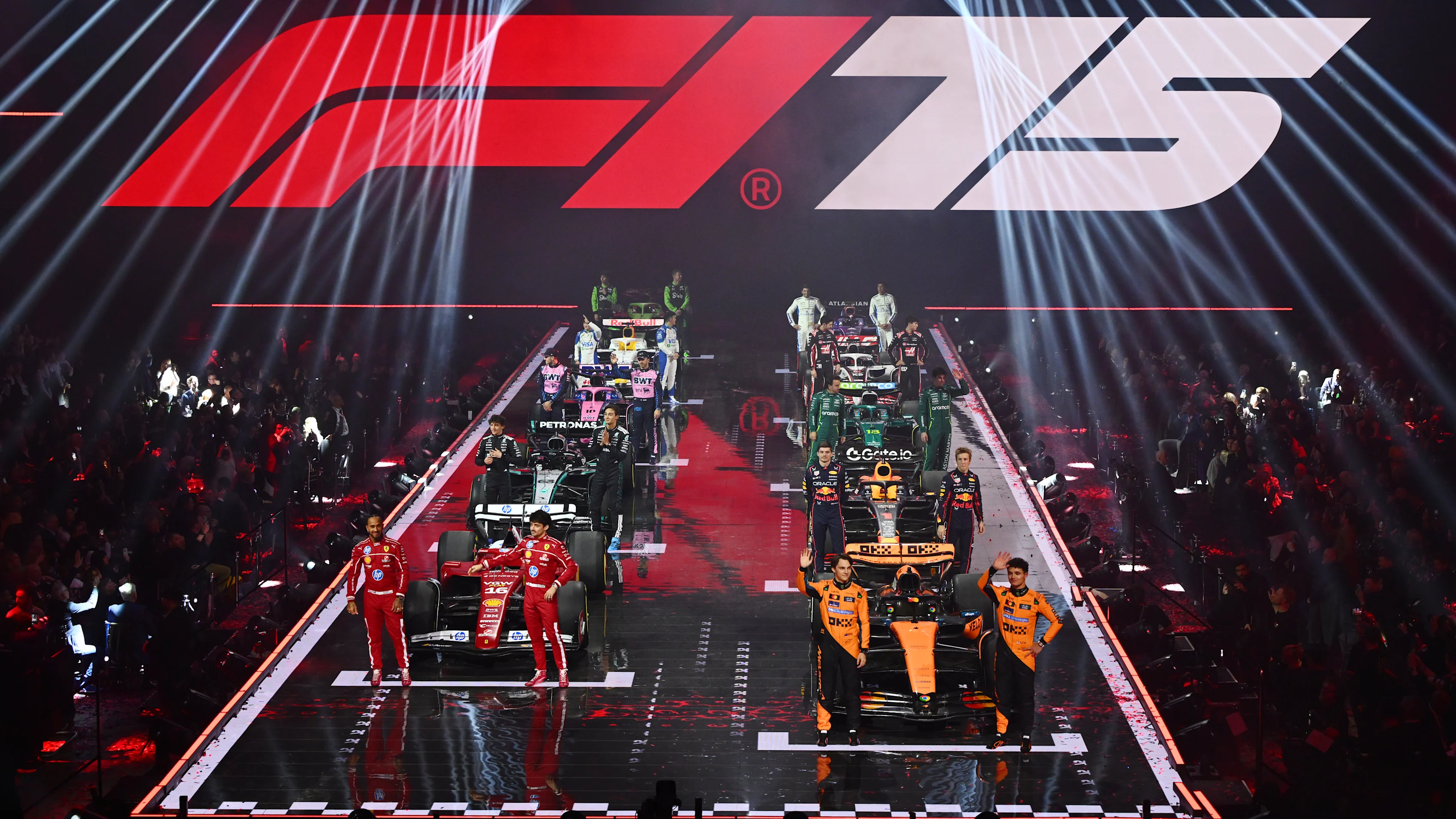 LONDON, ENGLAND - FEBRUARY 18: The 2025 drivers and their cars on stage during F1 75 Live at The O2