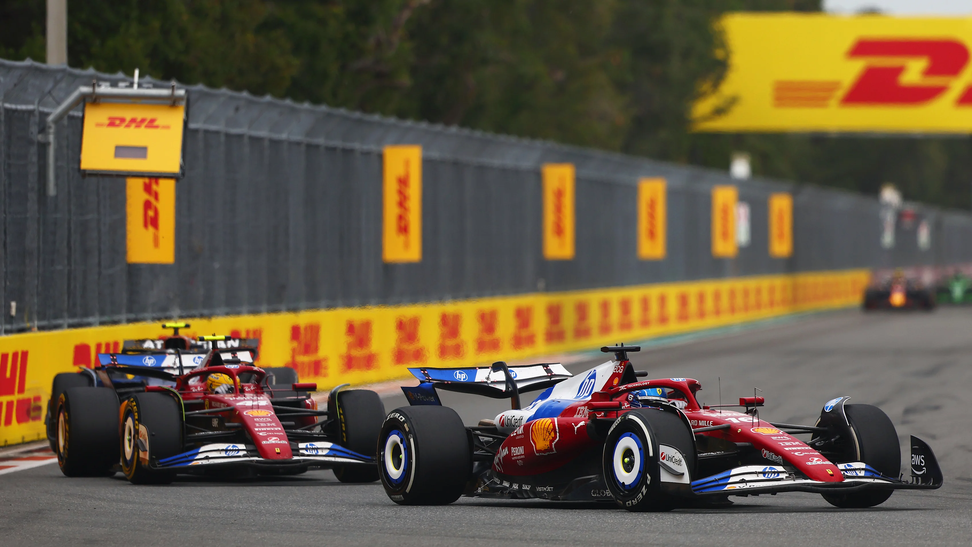 MIAMI, FLORIDA - MAY 04: Charles Leclerc of Monaco driving the (16) Scuderia Ferrari SF-25 leads