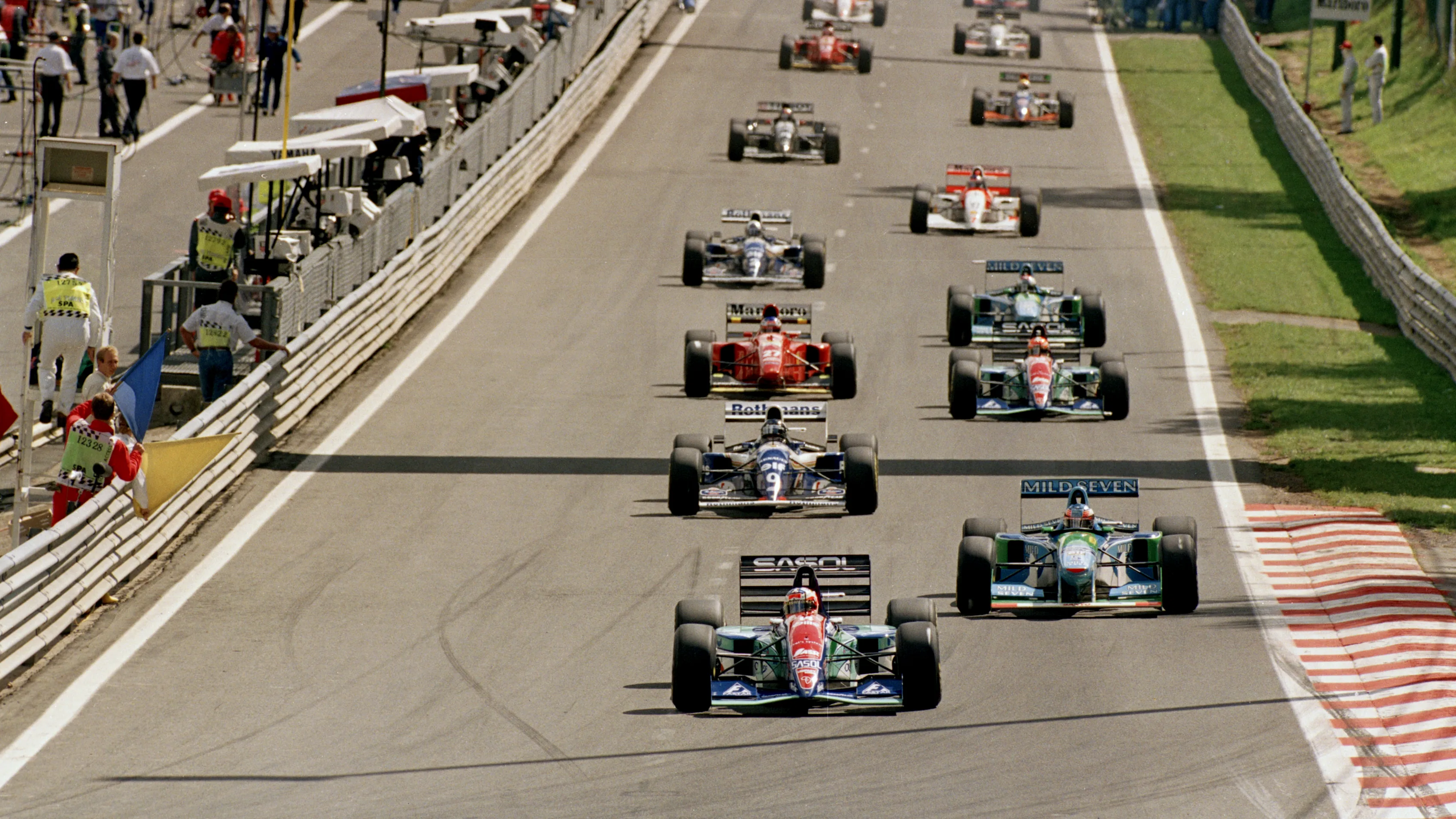 Rubens Barrichello drives the #14 Sasol Jordan Jordan 194 Hart 3.5 V10  from pole position at the