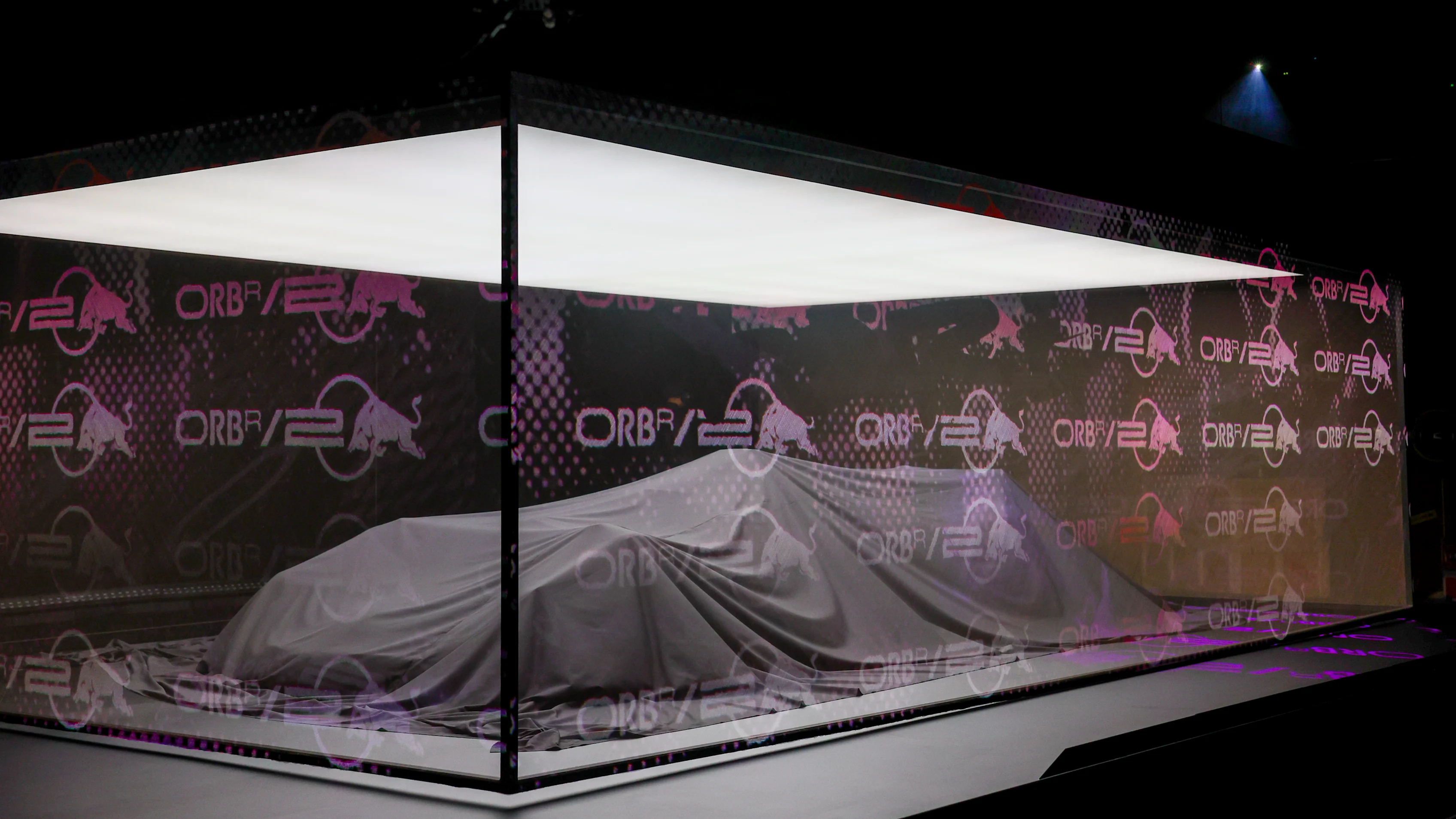 MILTON KEYNES, ENGLAND - FEBRUARY 14: The RB20 is pictured under a cover ahead of the Oracle Red