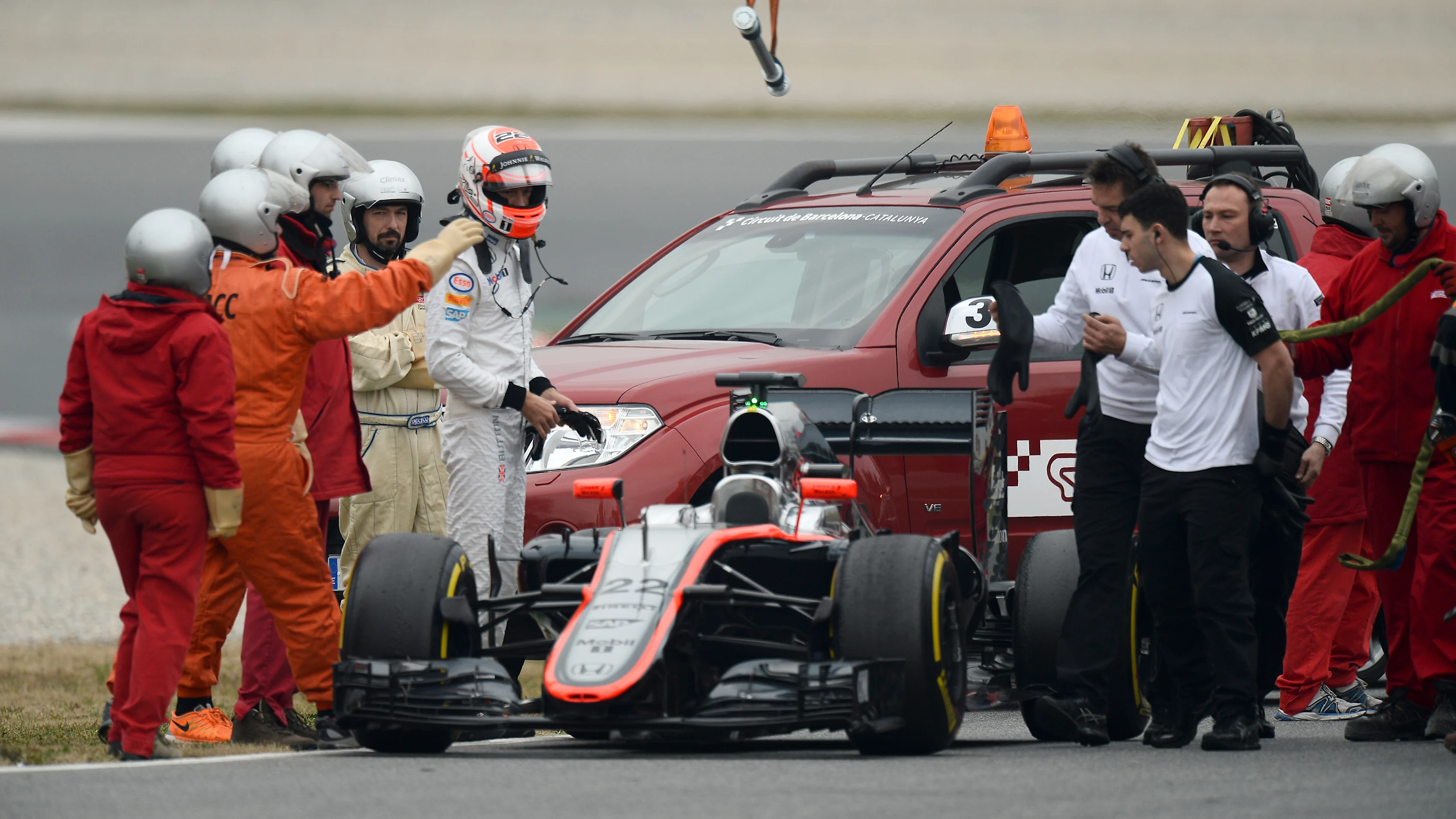 Jenson Button (GBR) McLaren MP4-30 stops on track at Formula One Testing, Day Three, Barcelona,