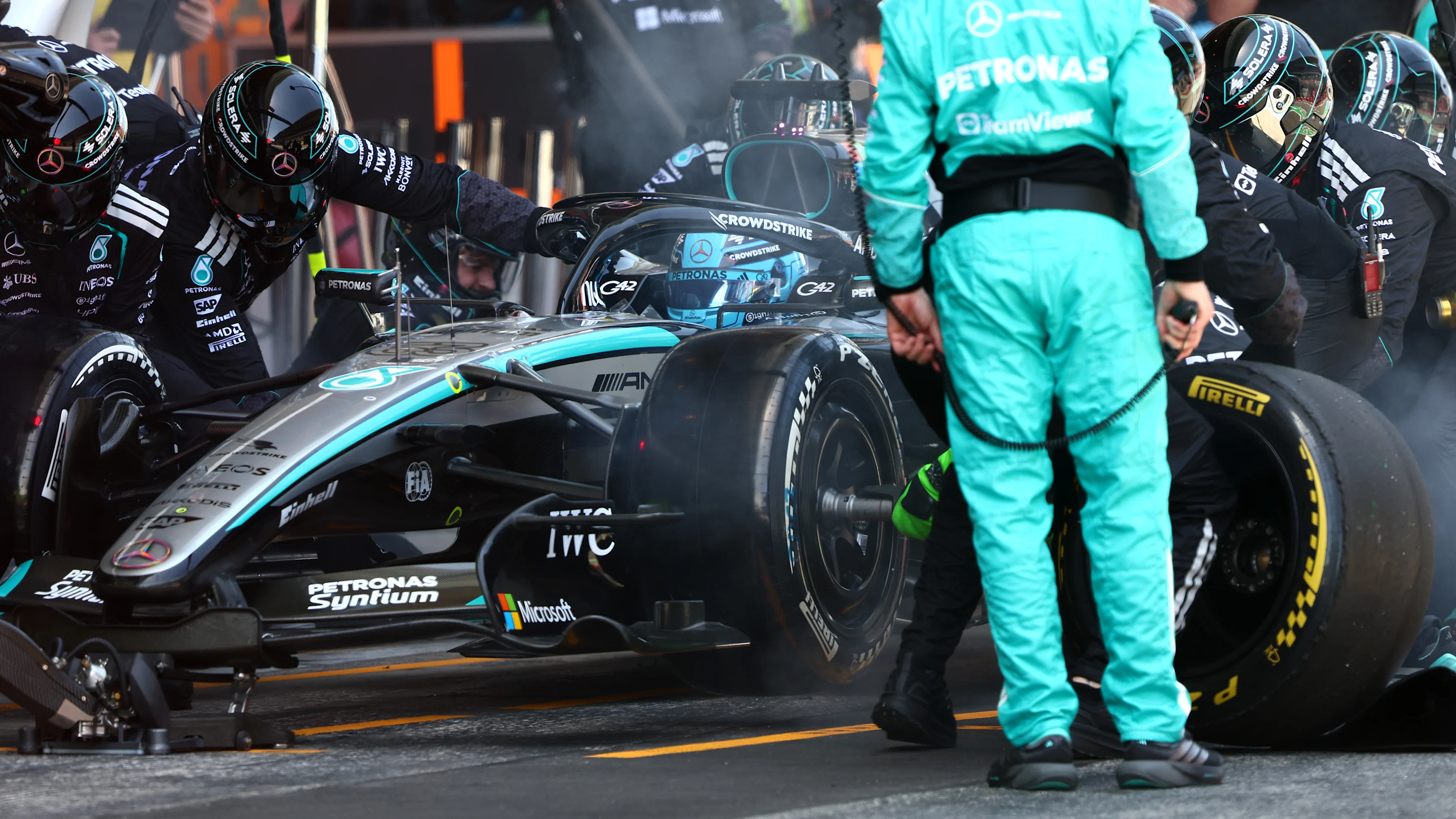 BARCELONA, SPAIN - JUNE 14: George Russell of Great Britain driving the (63) Mercedes AMG Petronas