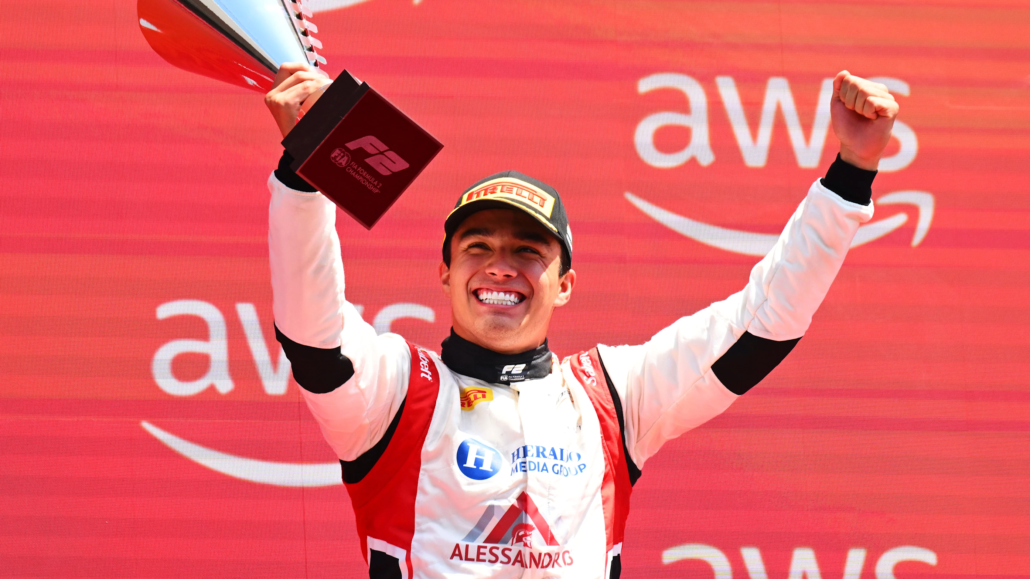 BUDAPEST, HUNGARY - JULY 26: Race winner Noel Leon of Mexico and Campos Racing (5) lifts his trophy