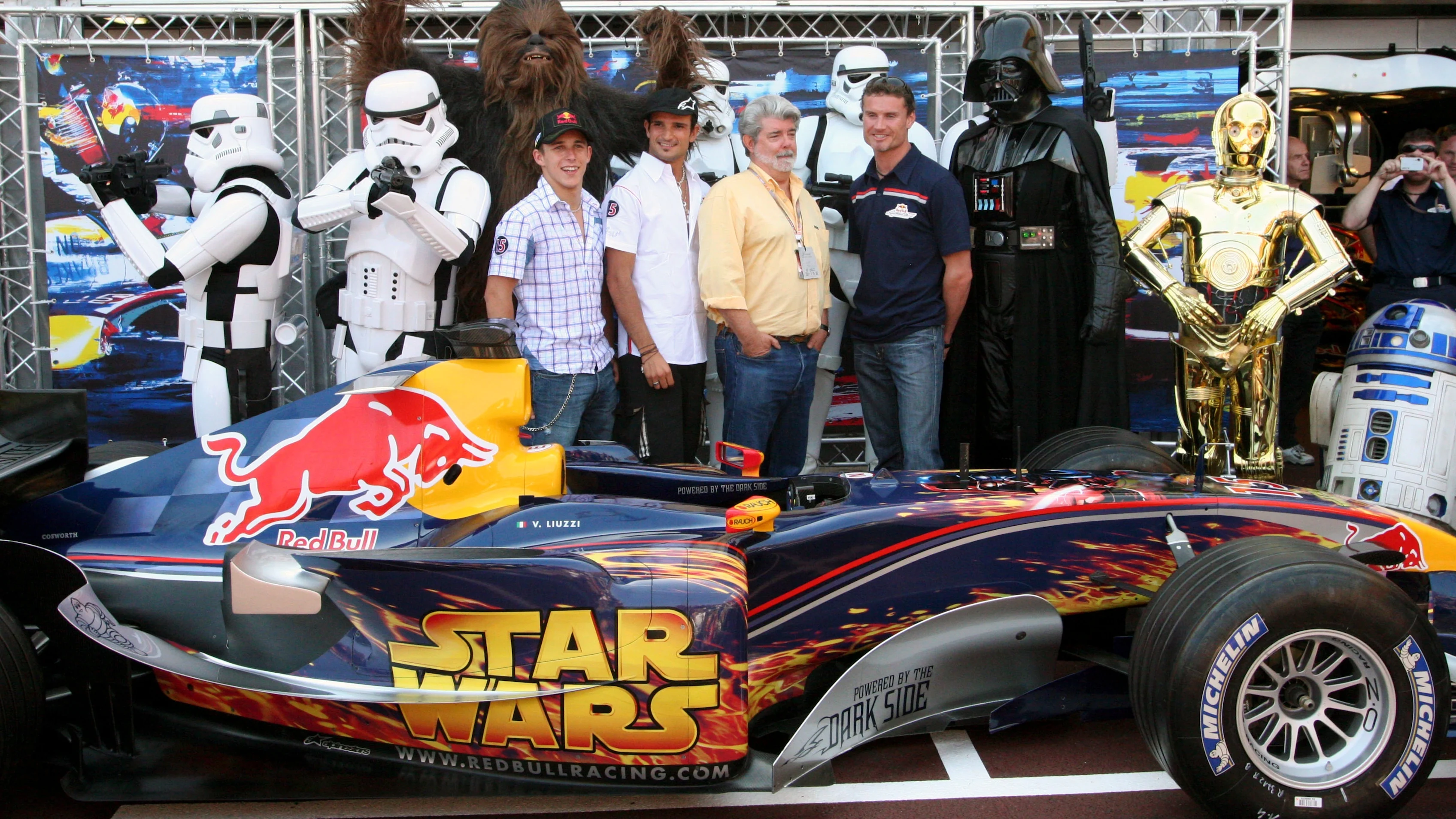 (L to R): Stormtroopers, Chewbacca, Christian Klien (AUT) Red Bull Racing RB1, Vitantonio Liuzzi