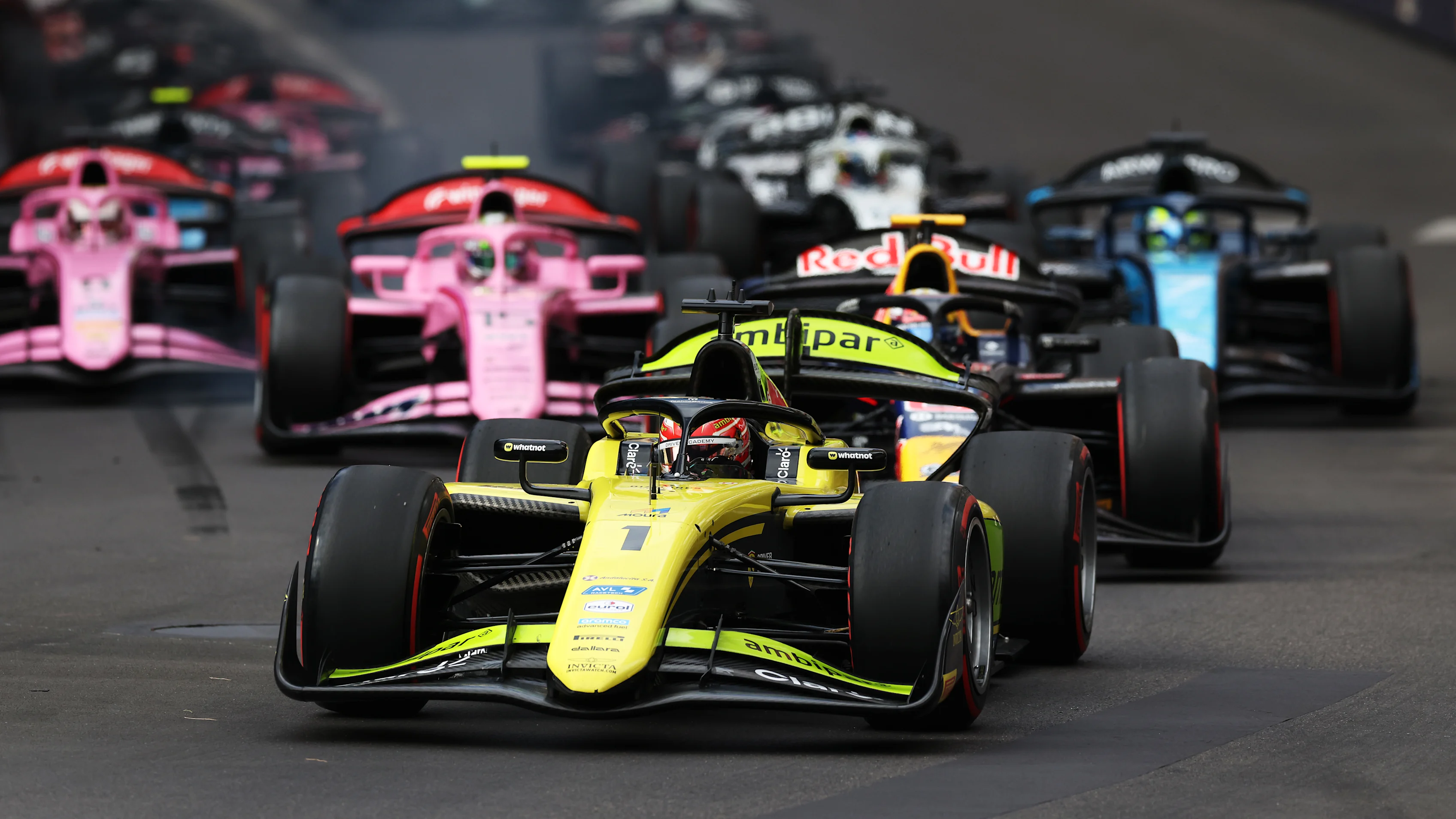 MONTE-CARLO, MONACO - JUNE 07: Rafael Camara of Brazil and Invicta Racing (1) leads the field into