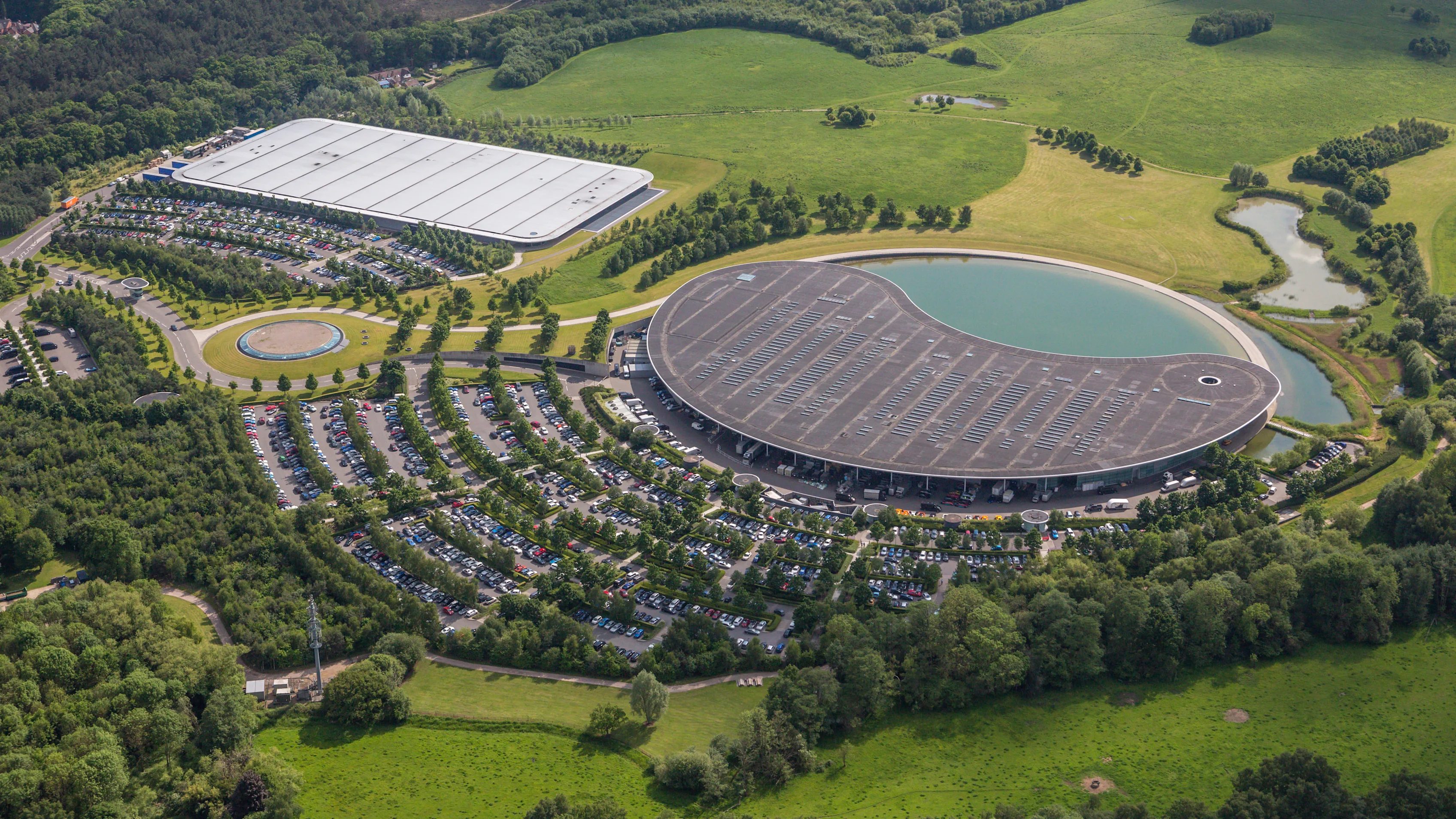 WOKING, UNITED KINGDOM - MAY 24. An aerial view of the McLaren Technology Centre on May 24, 2017 in
