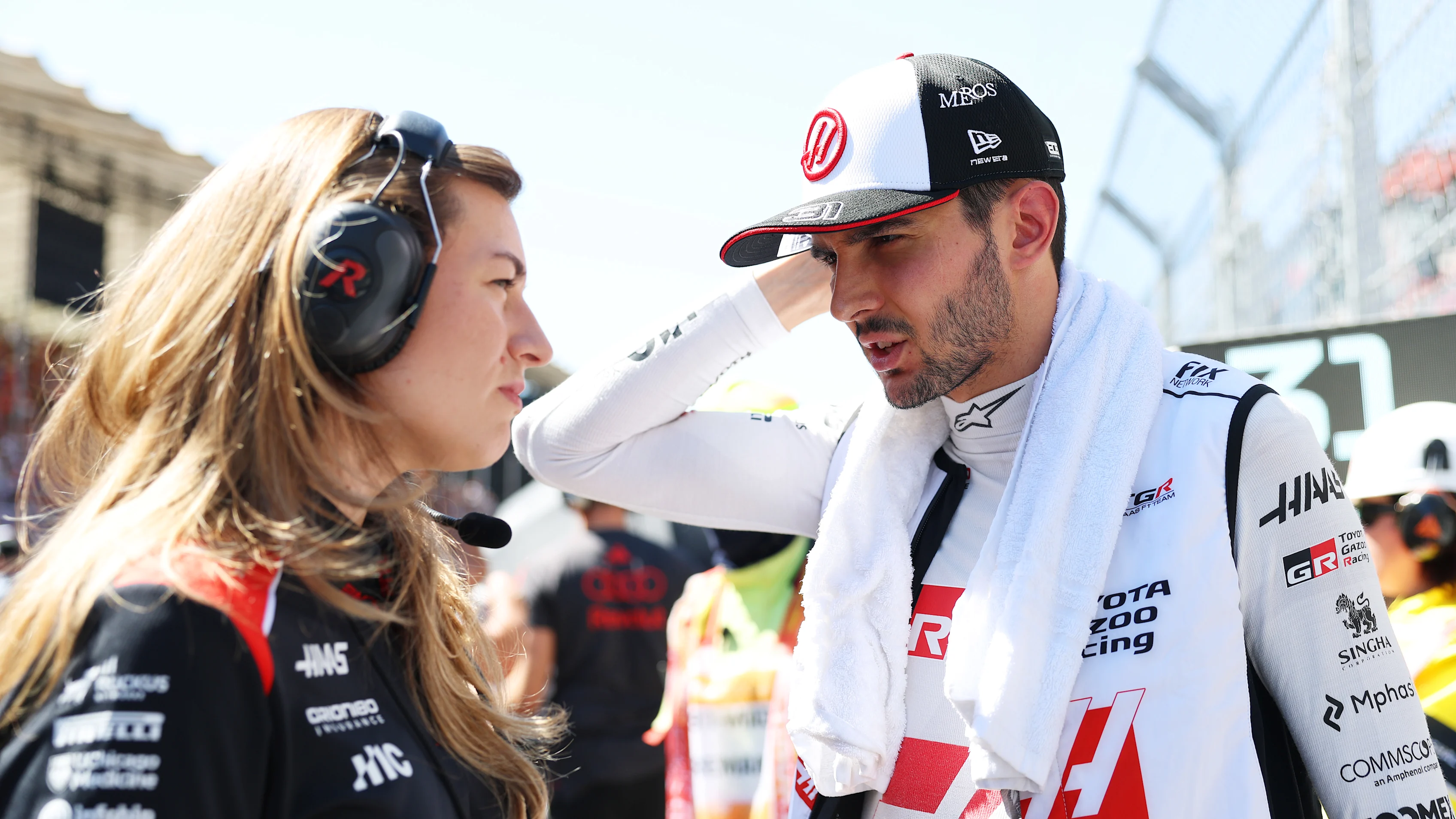 MADRID, SPAIN - SEPTEMBER 13: Laura Mueller, Race Engineer of Haas F1 and Esteban Ocon of France