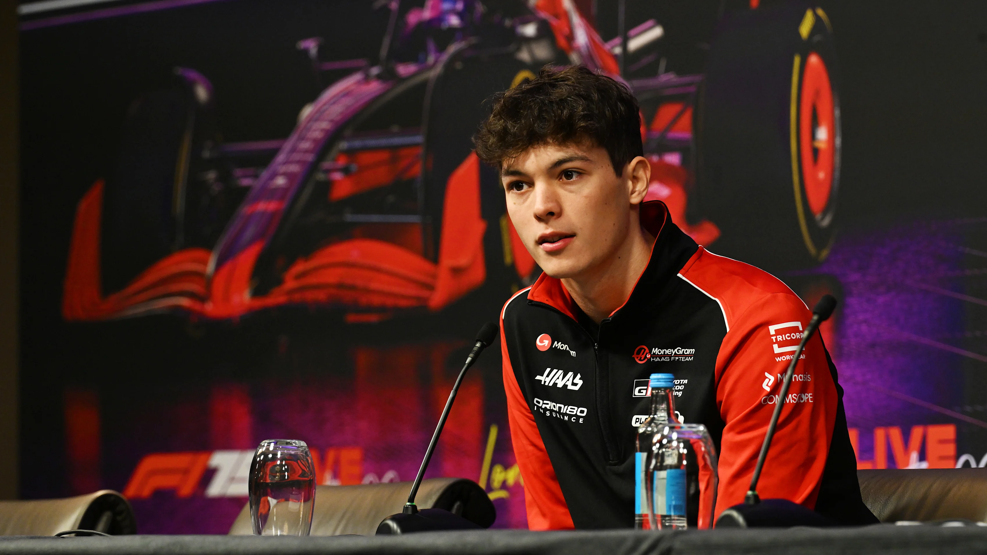LONDON, ENGLAND - FEBRUARY 18: Oliver Bearman of Great Britain and Haas F1 talks to the media