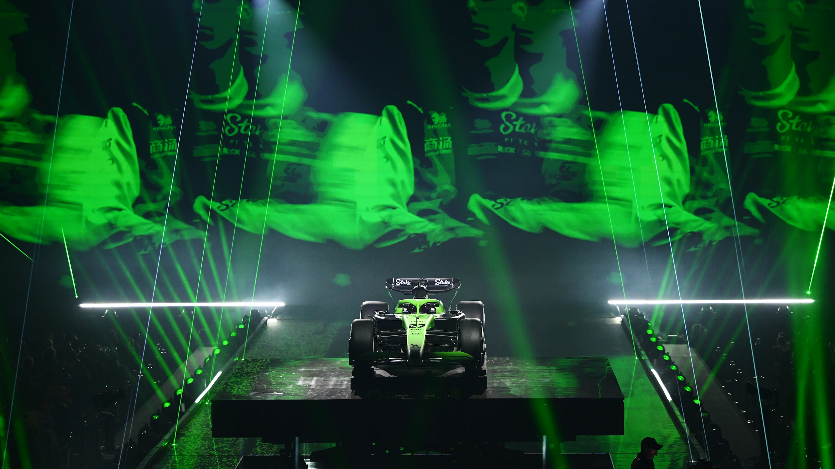 LONDON, ENGLAND - FEBRUARY 18: The Stake F1 Team Kick Sauber livery is presented during F1 75 Live